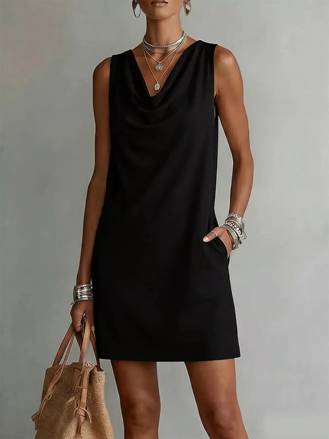 Full Size Sleeveless Cowl Neck Mini Dress Plus Size