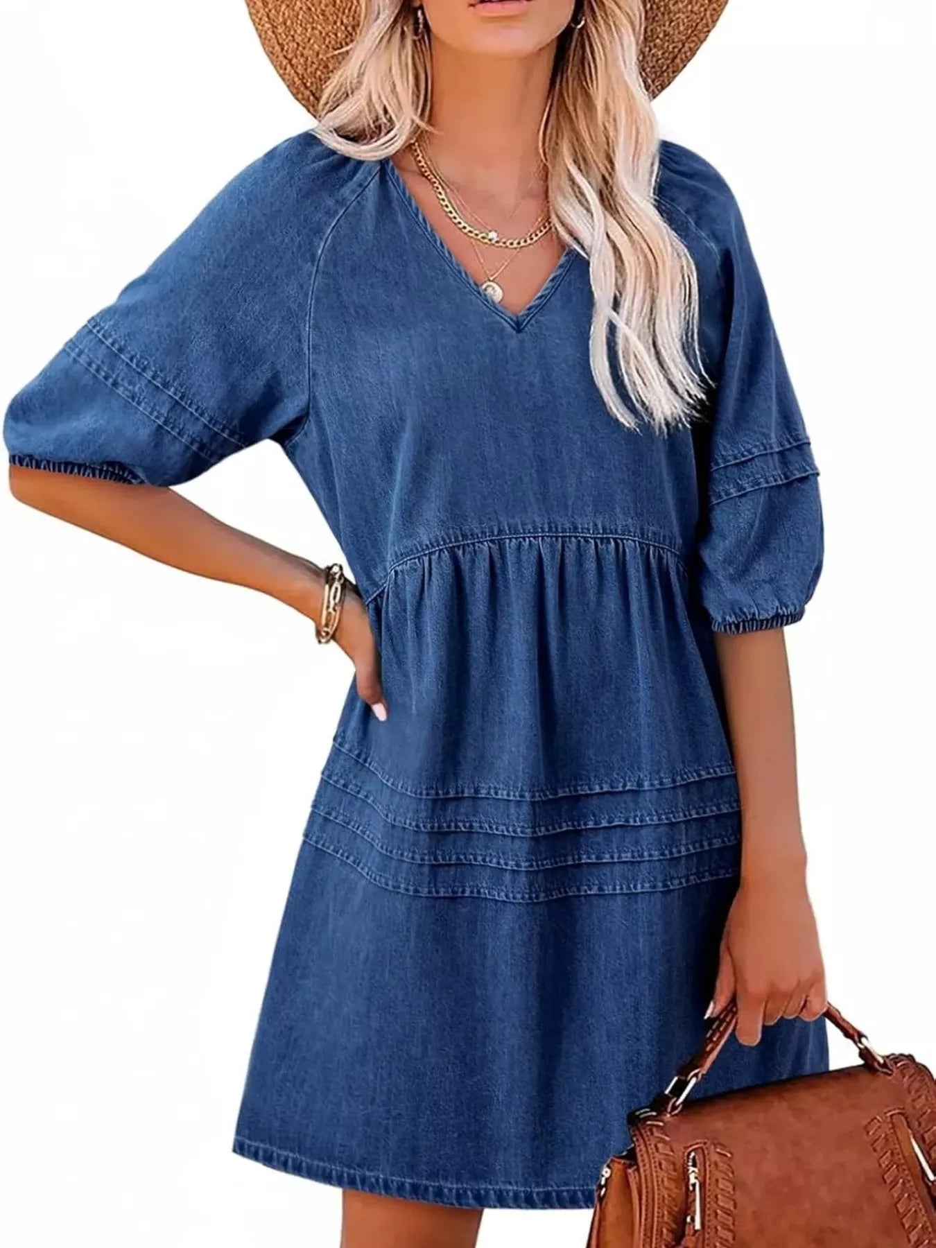 Casual V-Neck Puff Sleeve Denim Mini Dress