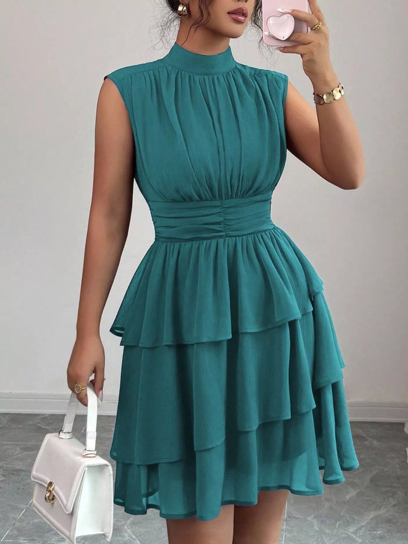 Sleeveless Mock Neck Layered Ruffle Dress