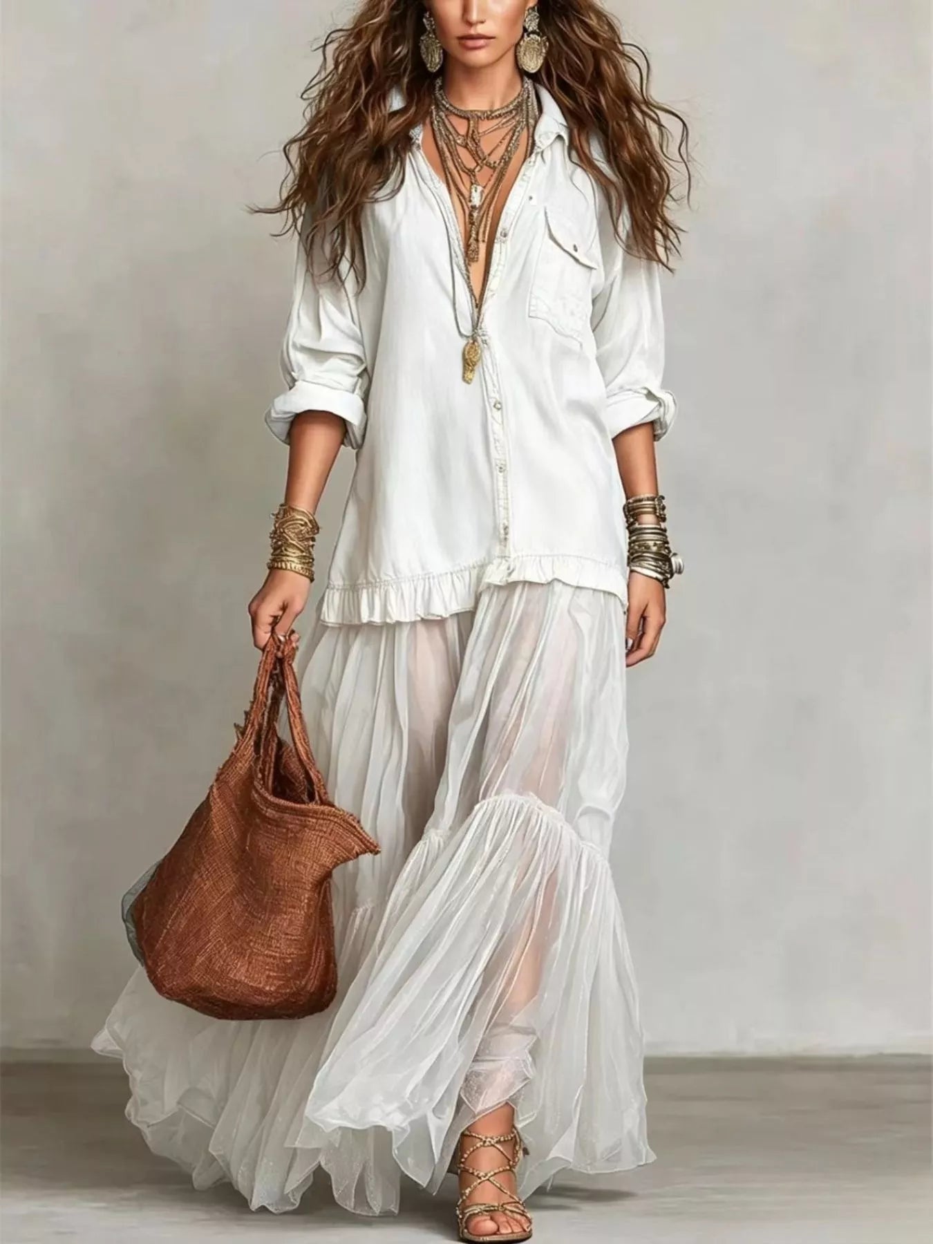 Long Sleeve Sheer Ruffle Maxi Dress