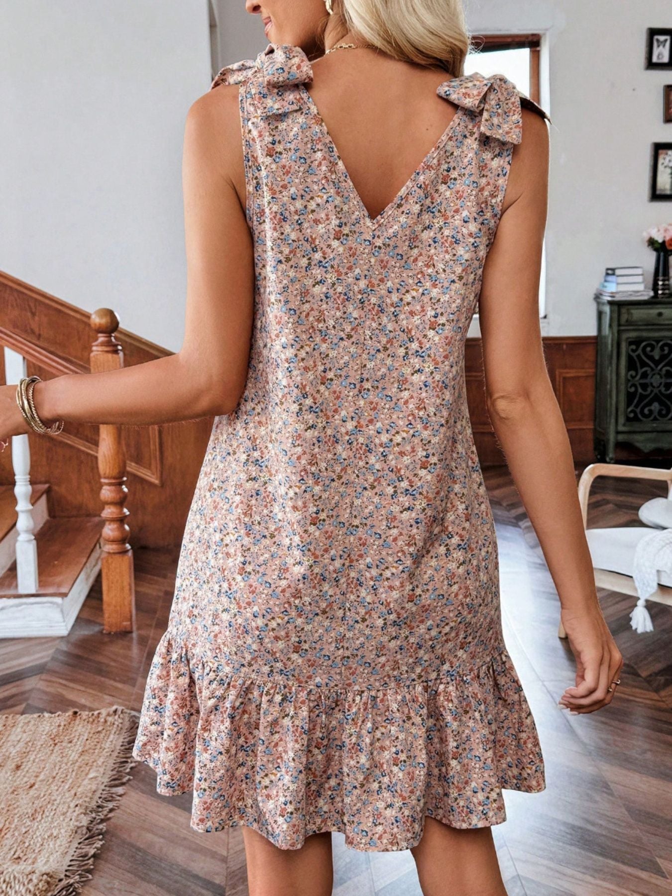 Floral Print Tie Strap Ruffle Hem Mini Dress