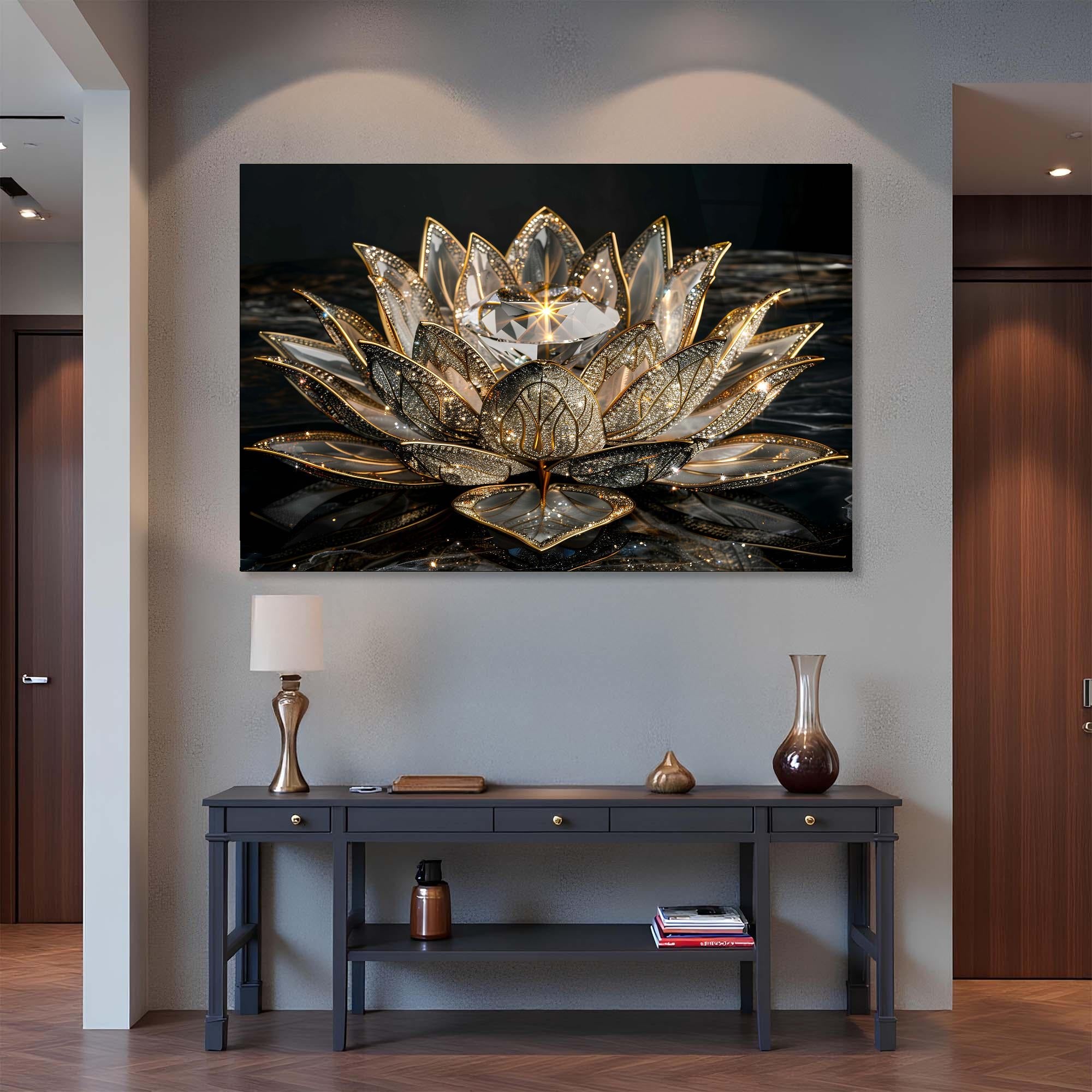 Golden Lotus Tempered Glass Wall Art | Serenity Home Decor