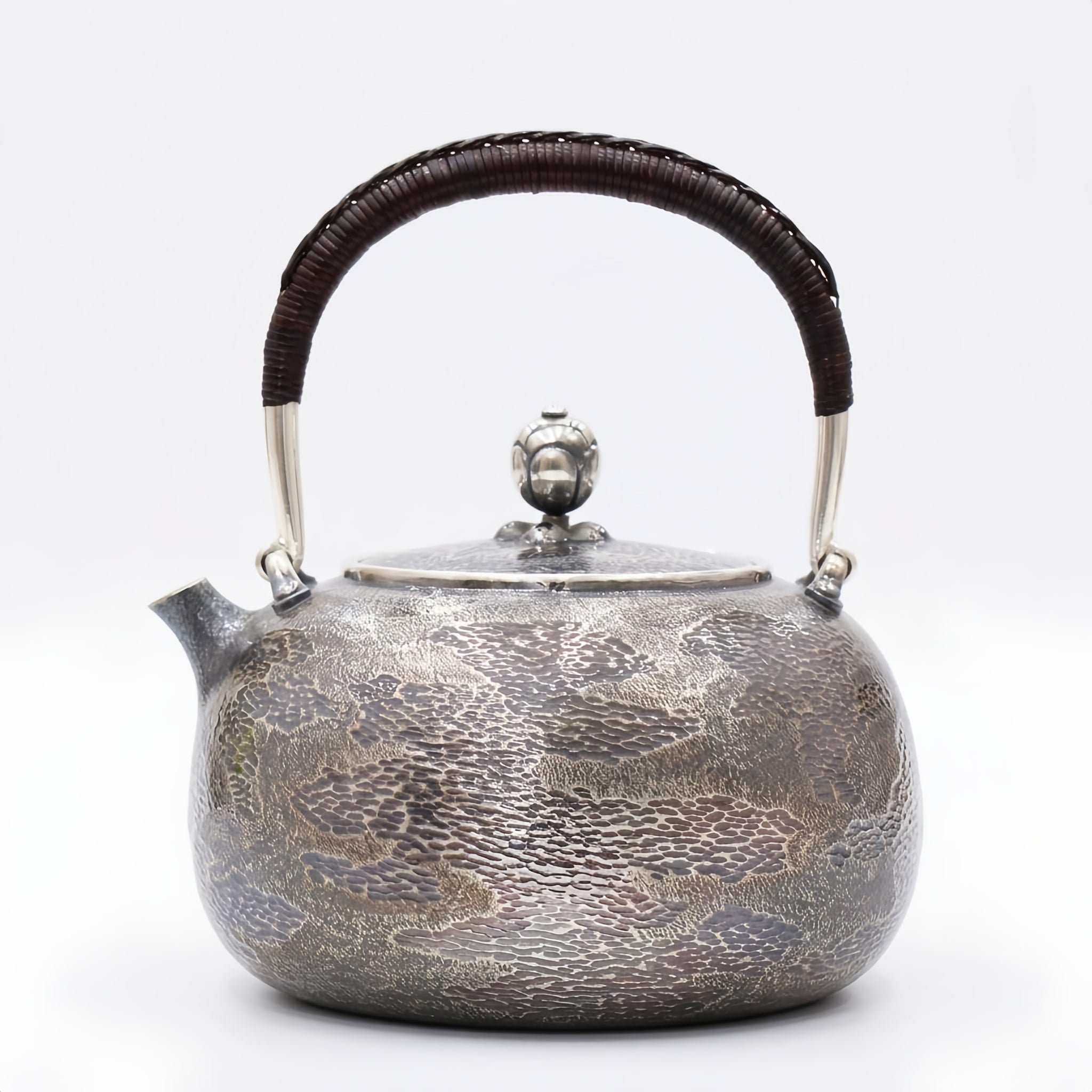 Pure 999 Fine Silver Artisanal Hammered Silver Teapot with Woven Rattan Handle and Decorative Finial - Handicraft
