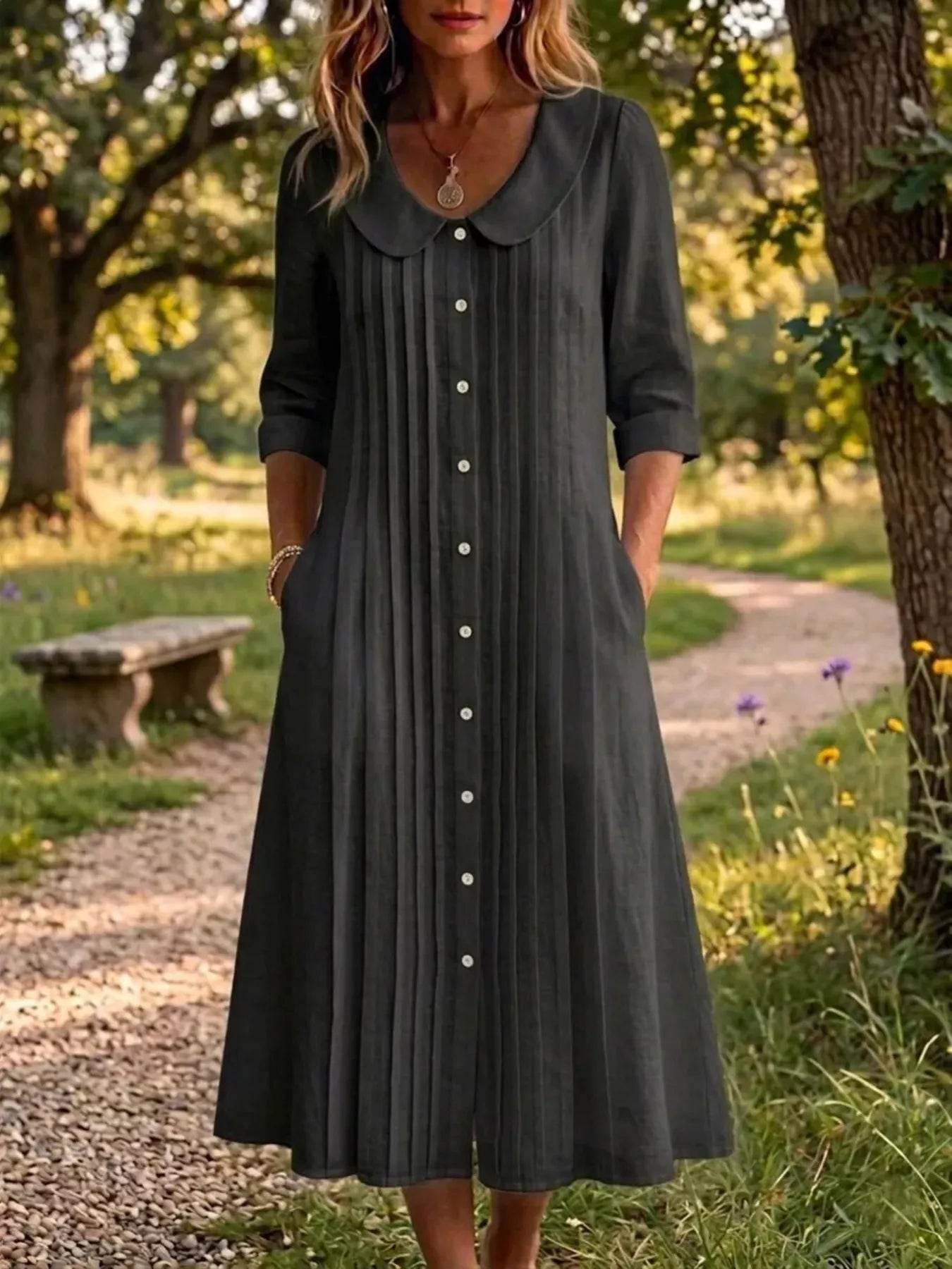 Full Size Peter Pan Collar Button Down Dress Plus Size