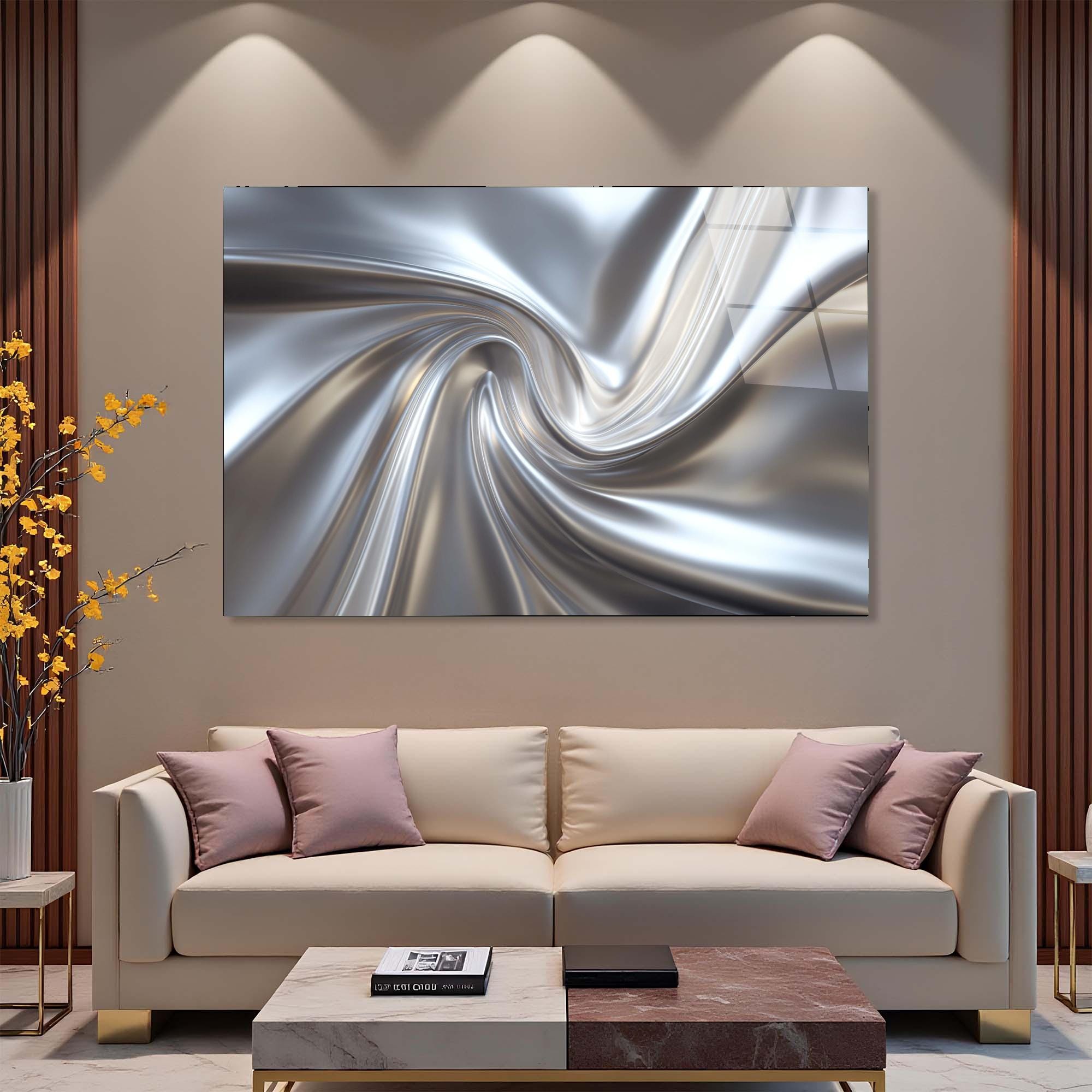 Abstract Silver Swirl Tempered Glass Wall Art | Modern Metallic Decor