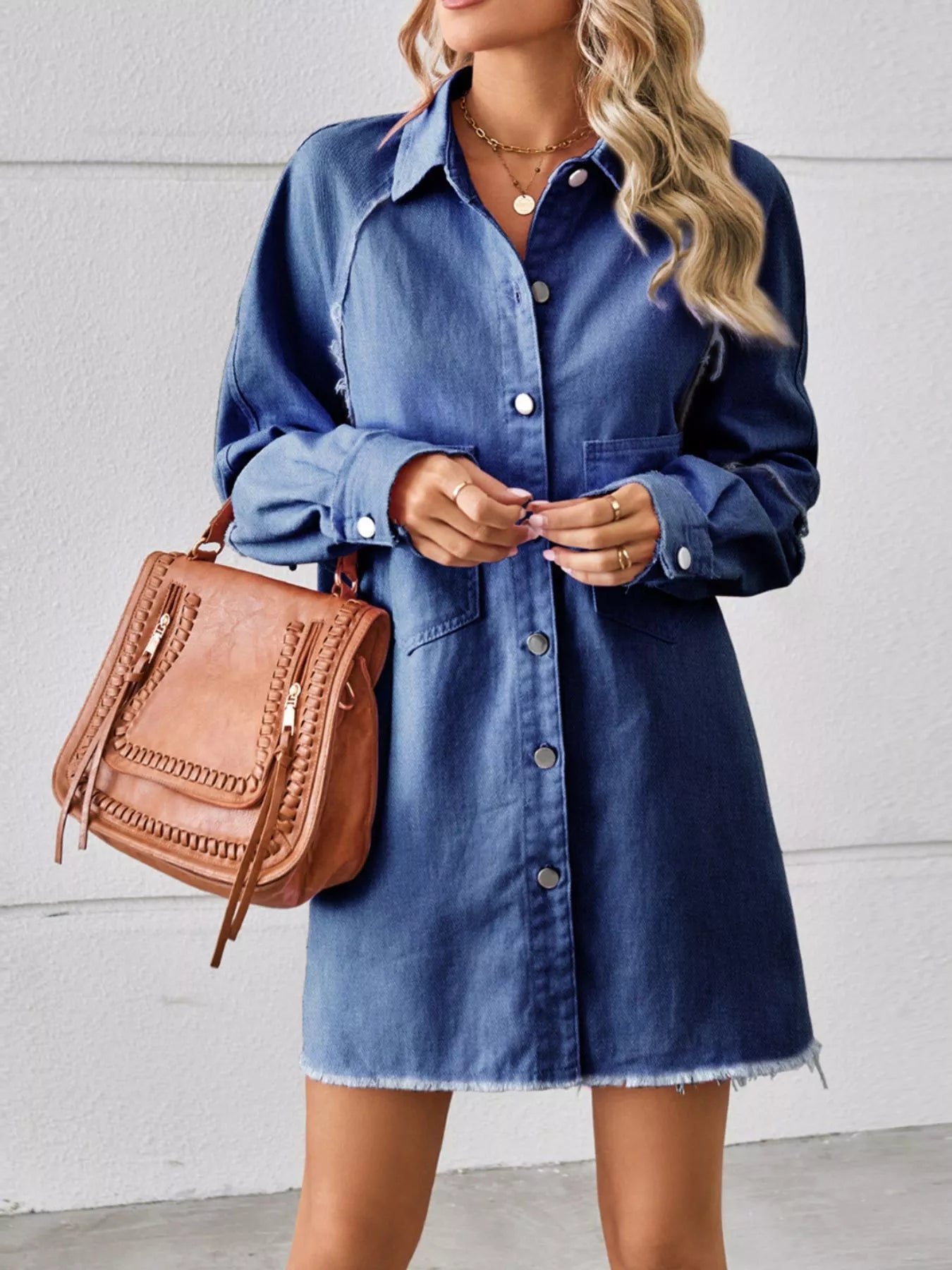 Button-Down Raw Hem Denim Dress