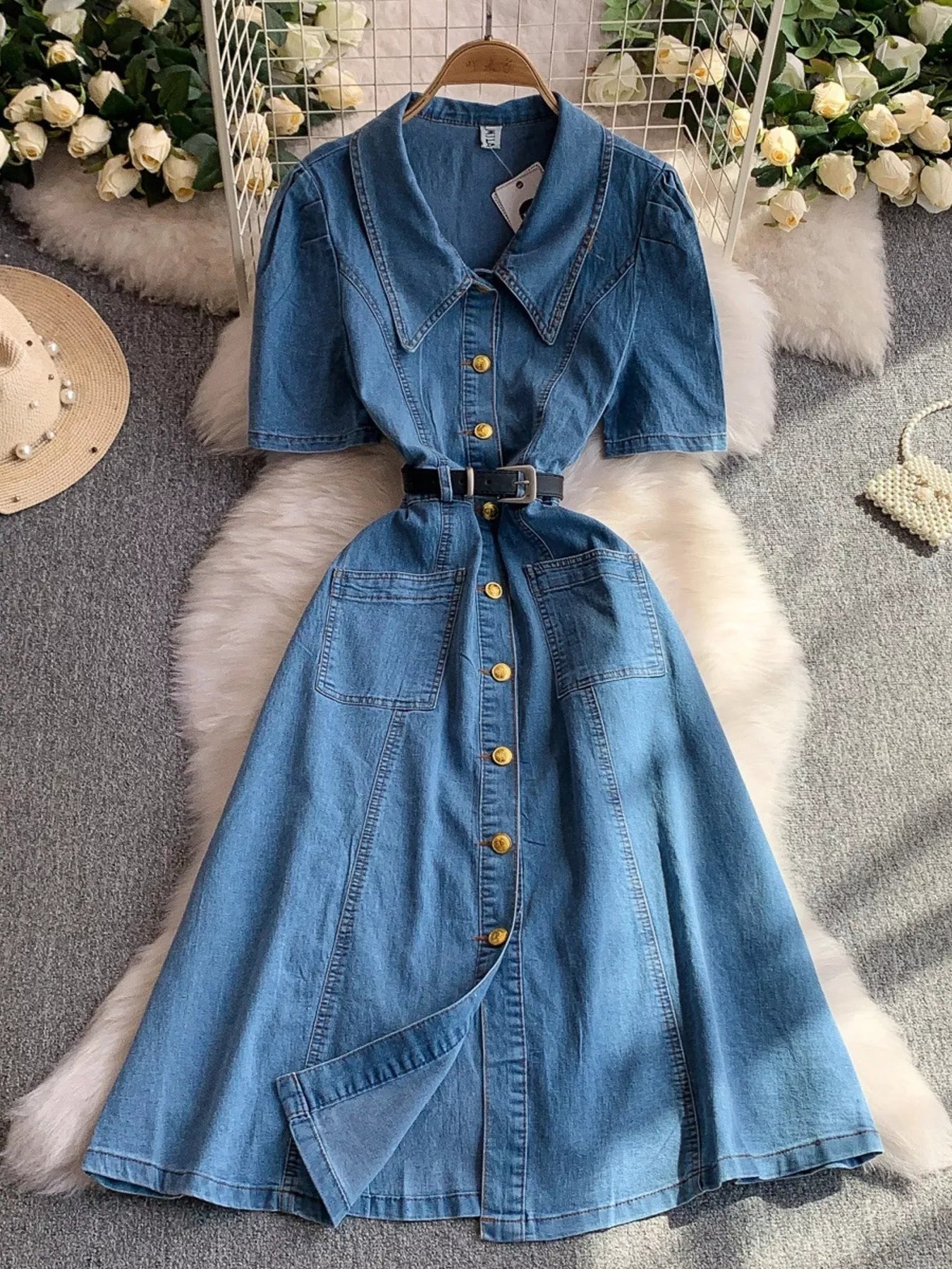 Button Front Short Sleeve Denim Dress