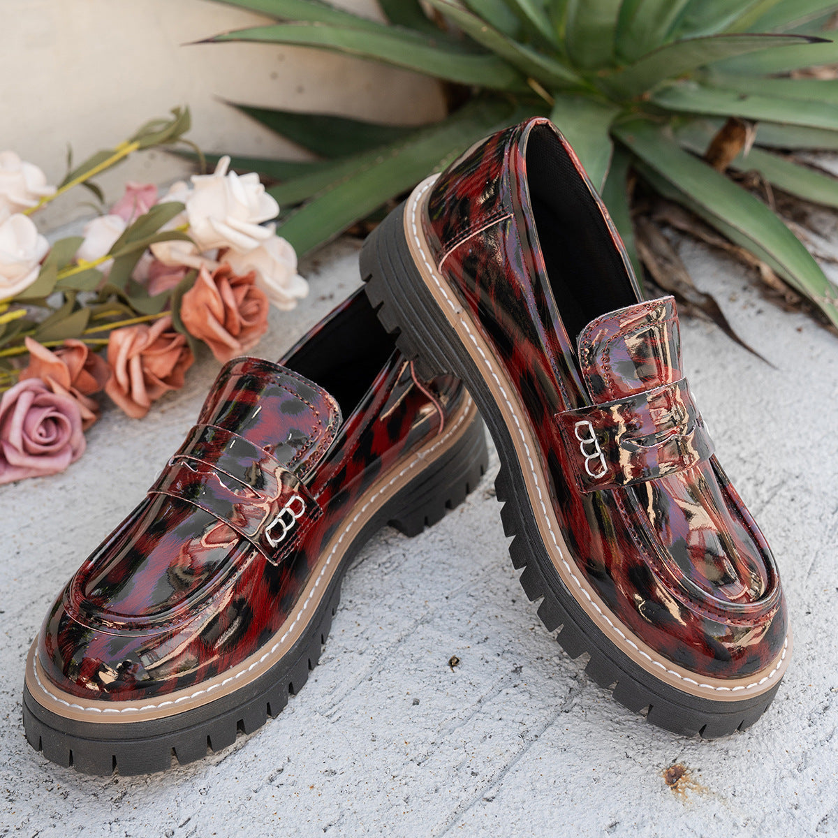 New Autumn Leather Belt-Buckle Patent Leather Leopard-Print Vintage Womens Shoes
