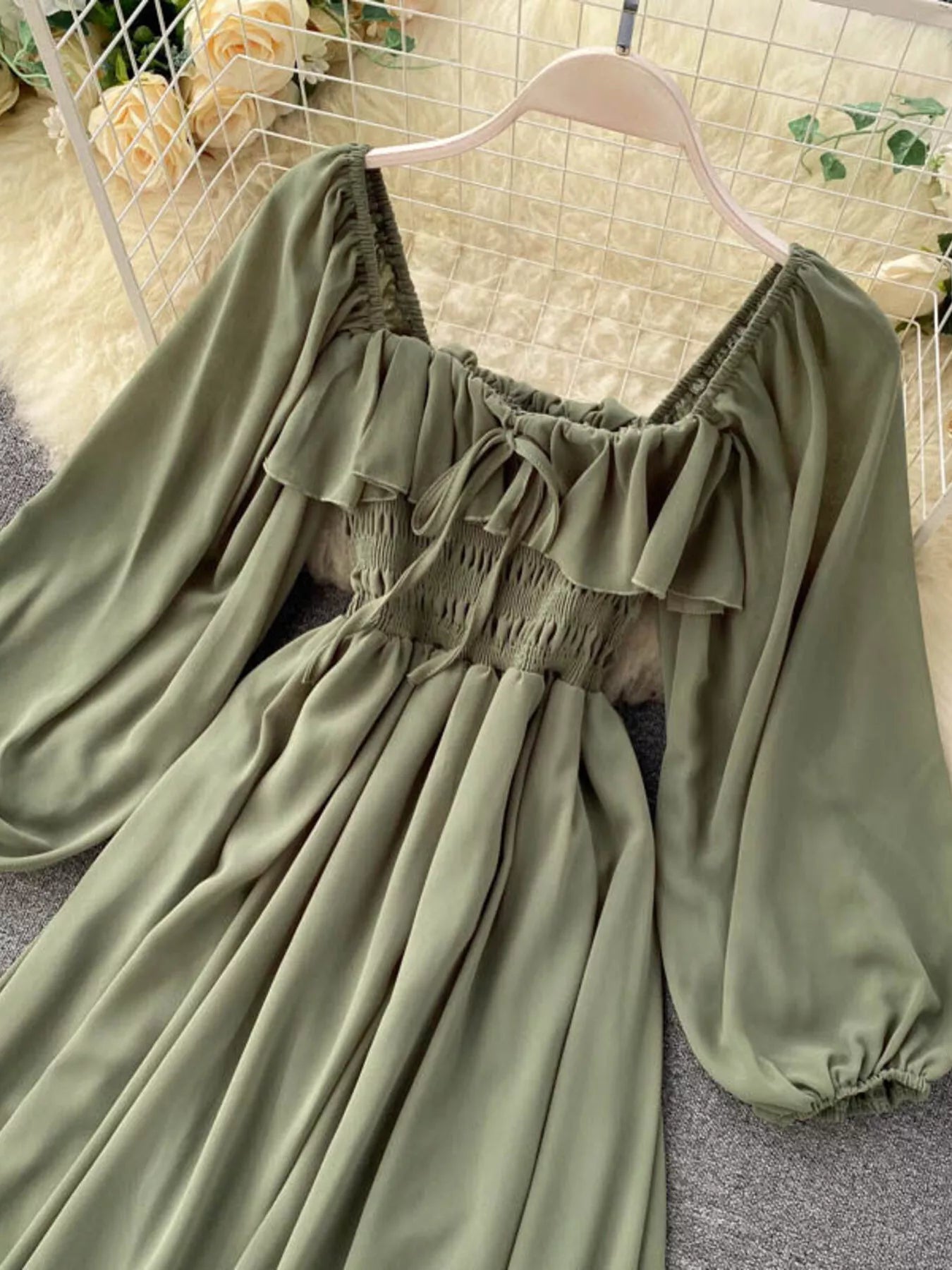 Ruffle Square Neck Balloon Sleeve A-Line Dress