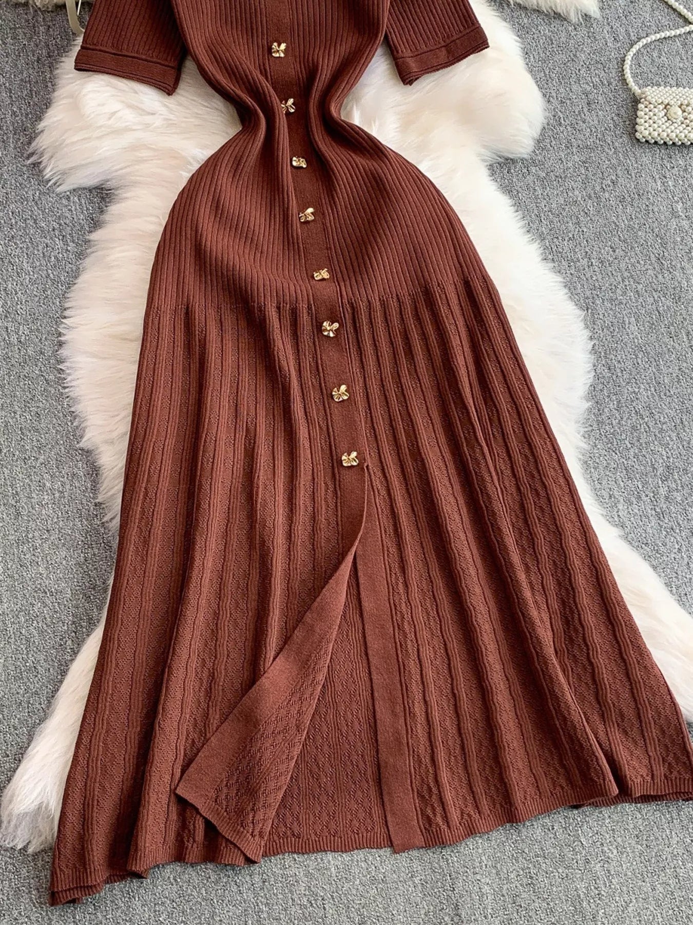 Button Front Ribbed Knit Midi Dress