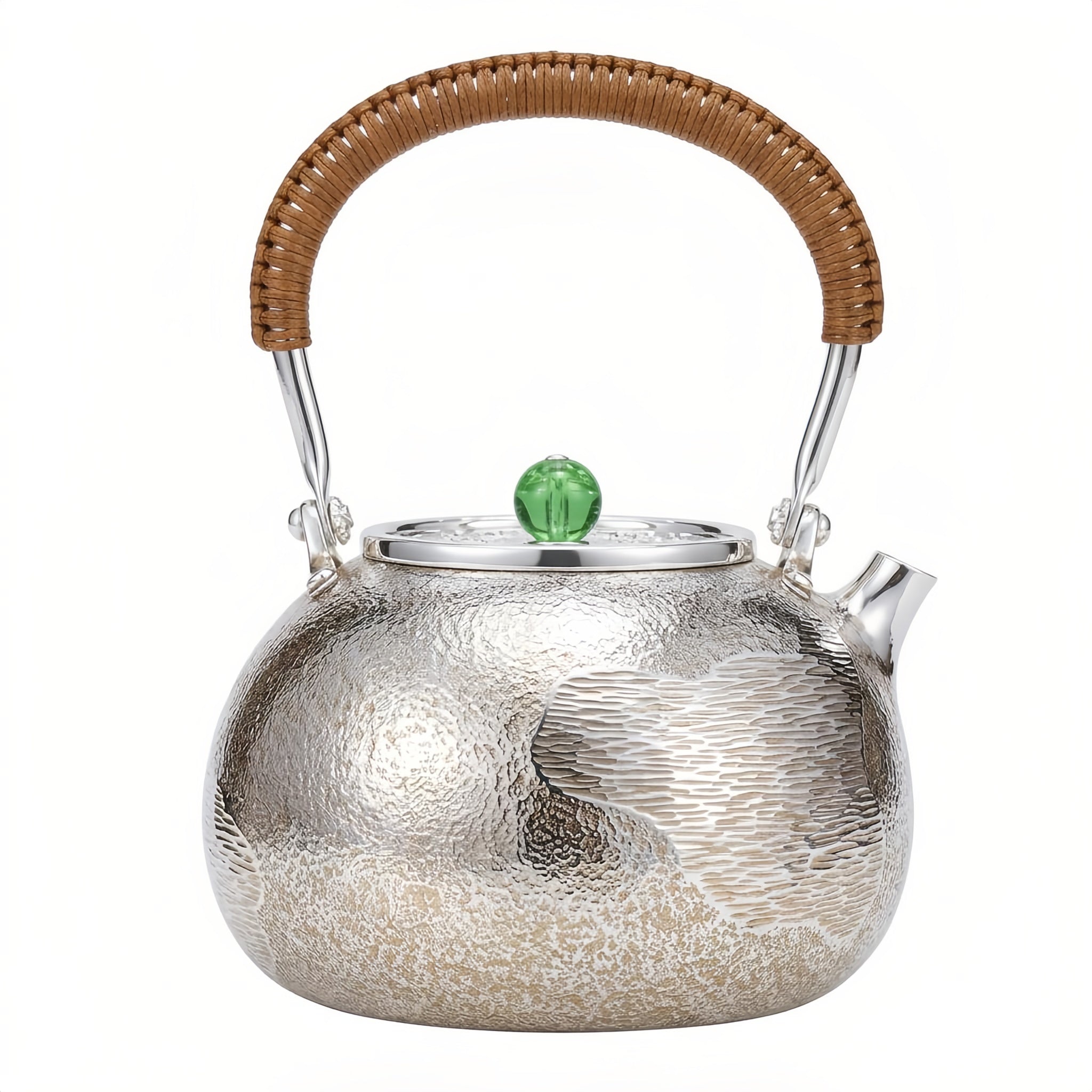 Pure 999 Fine Silver Handcrafted Textured Silver Teapot with Woven Rattan Handle and Green Jade Knob - Handicraft