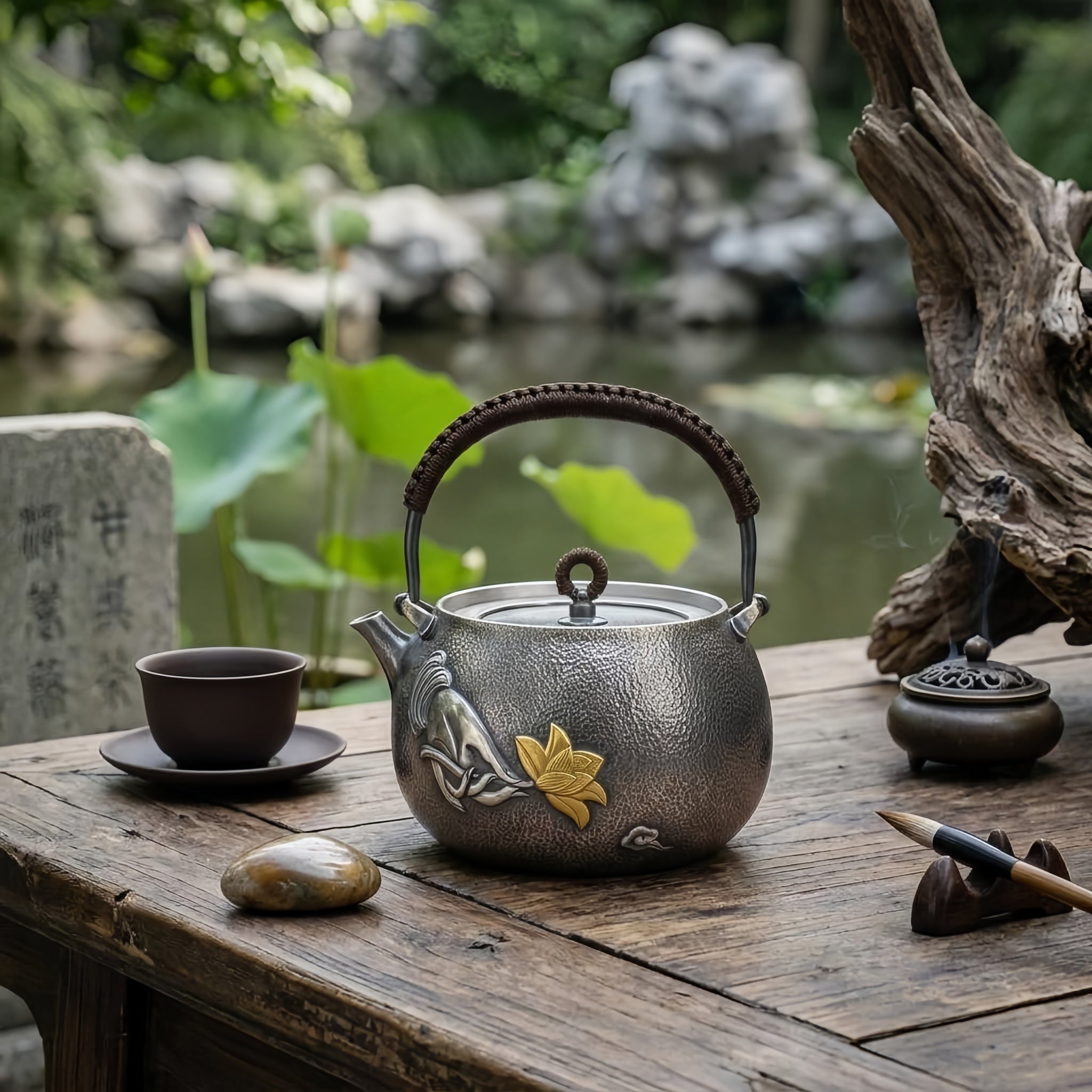 Pure 999 Fine Silver Artisanal Hammered Silver-Finish Teapot with Hand-Carved Gilded Lotus and Woven Rattan Handle - Handicraft