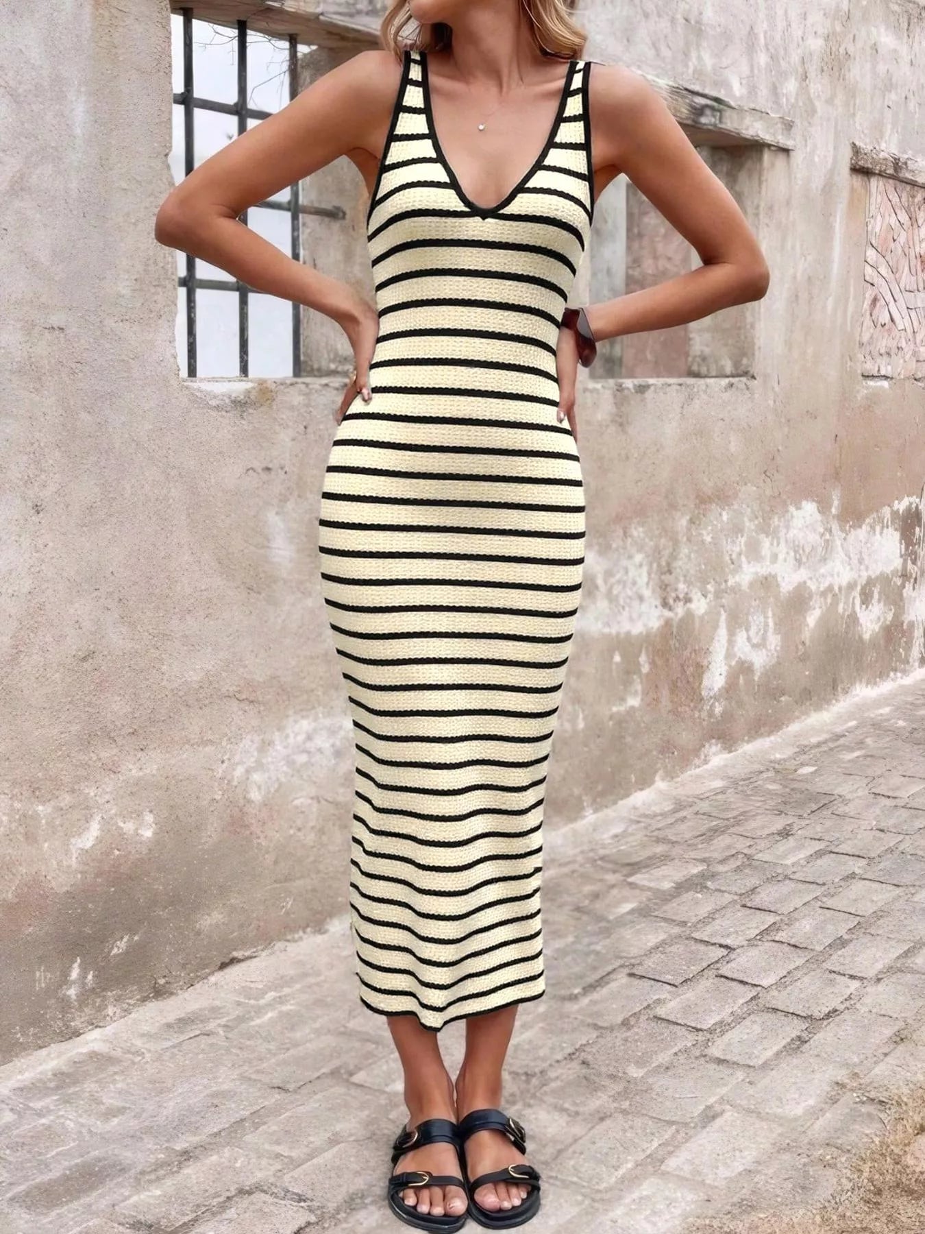 Striped Bodycon Knit Midi Dress