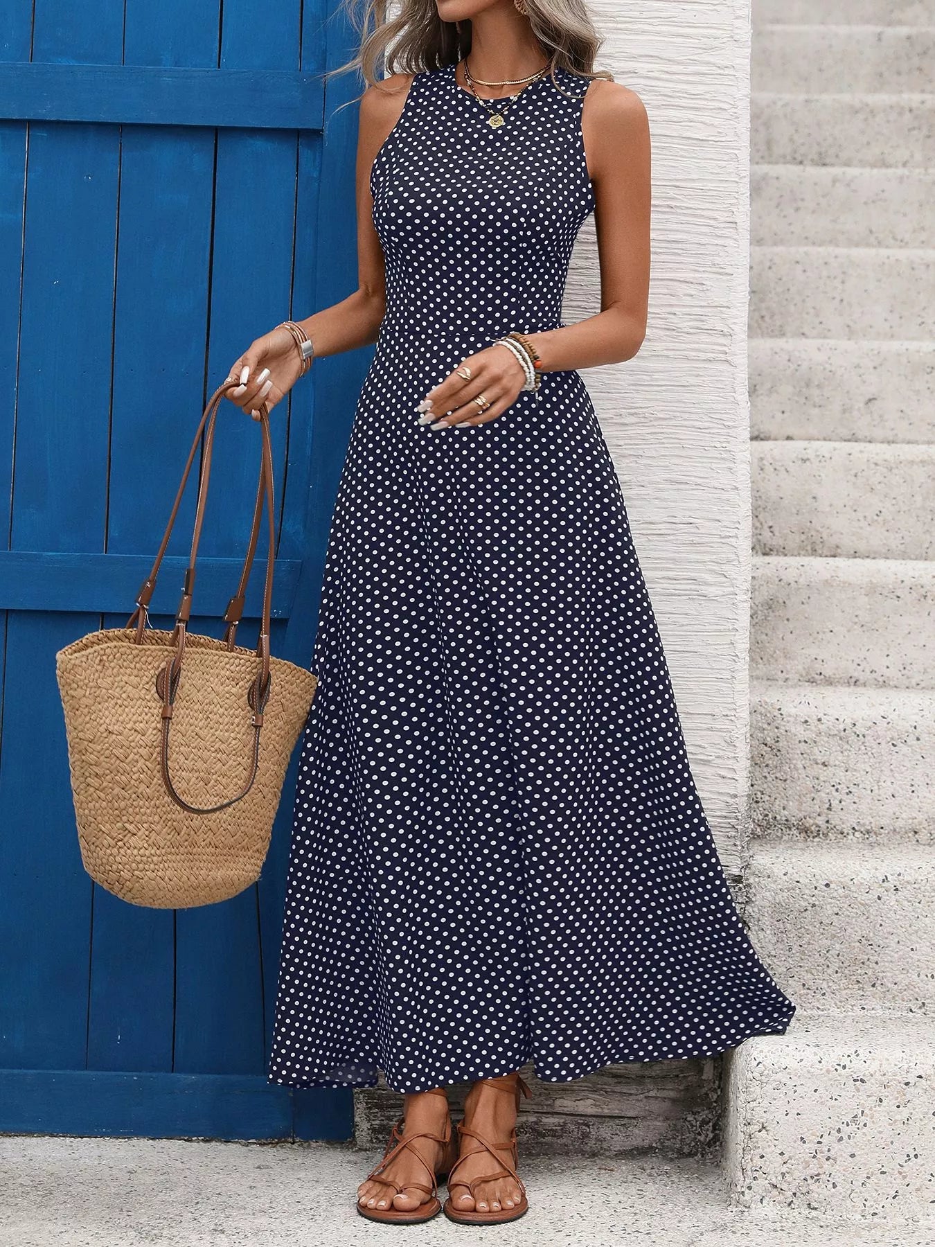 Sleeveless Polka Dot Maxi Dress