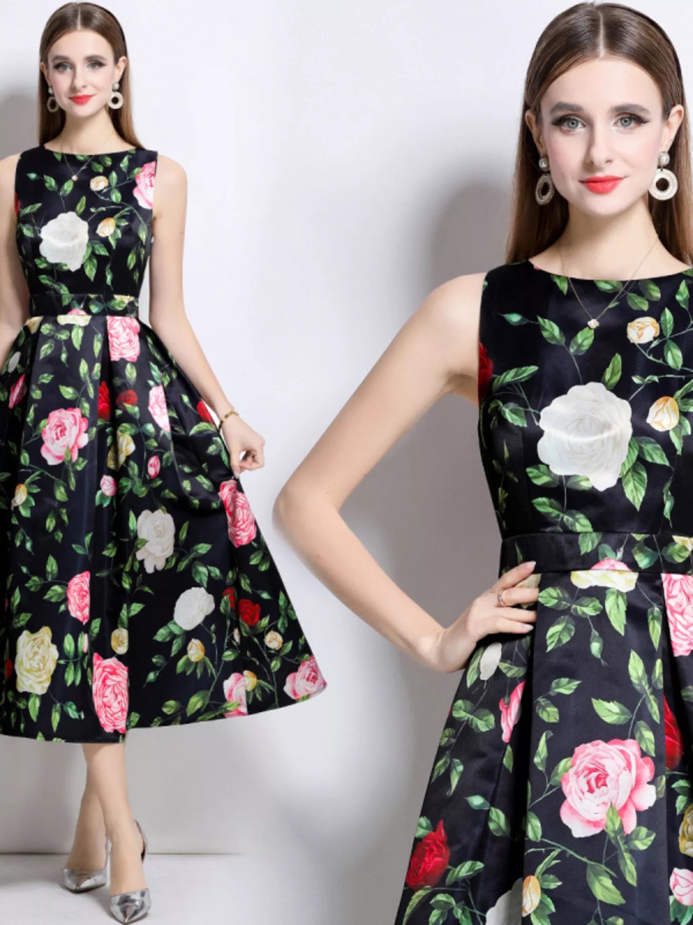 Floral Print Sleeveless Midi Dress