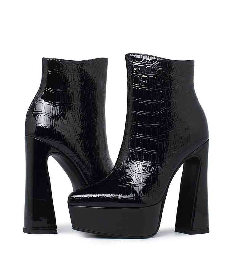 New Brand Women's Shoes Sexy High Heels Thick Platform Black Blue Genuine Patent Leather Dress Party Working Short Boots