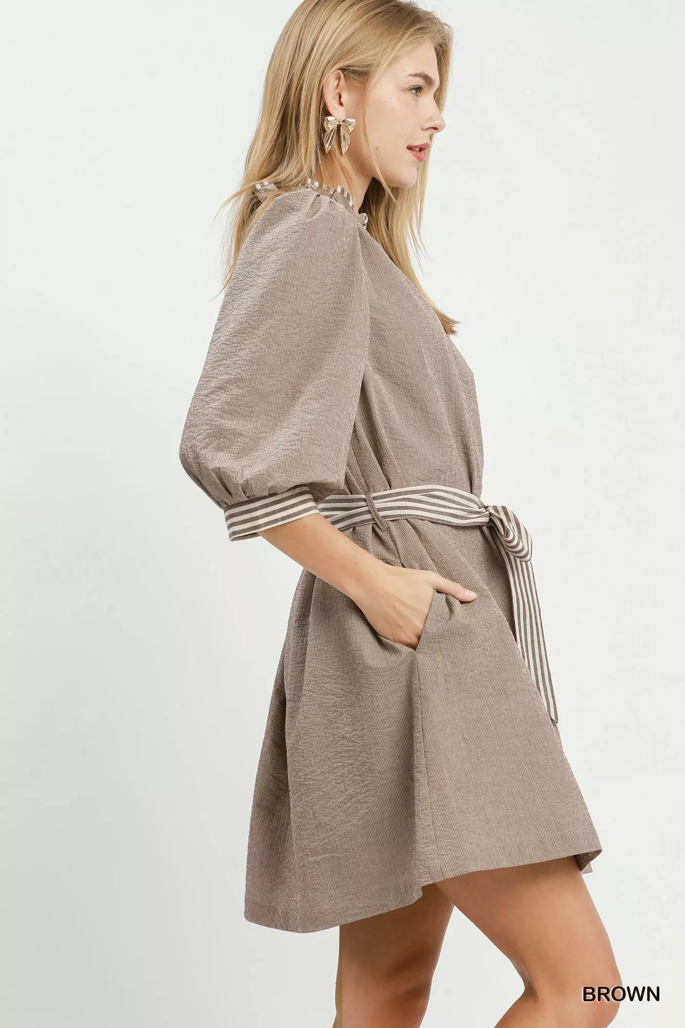 Umgee Textured Contrast Trim Tie Waist Mini Dress