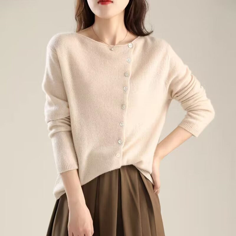 French retro round neck single breasted cashmere knitted cardigan women's autumn thin casual top