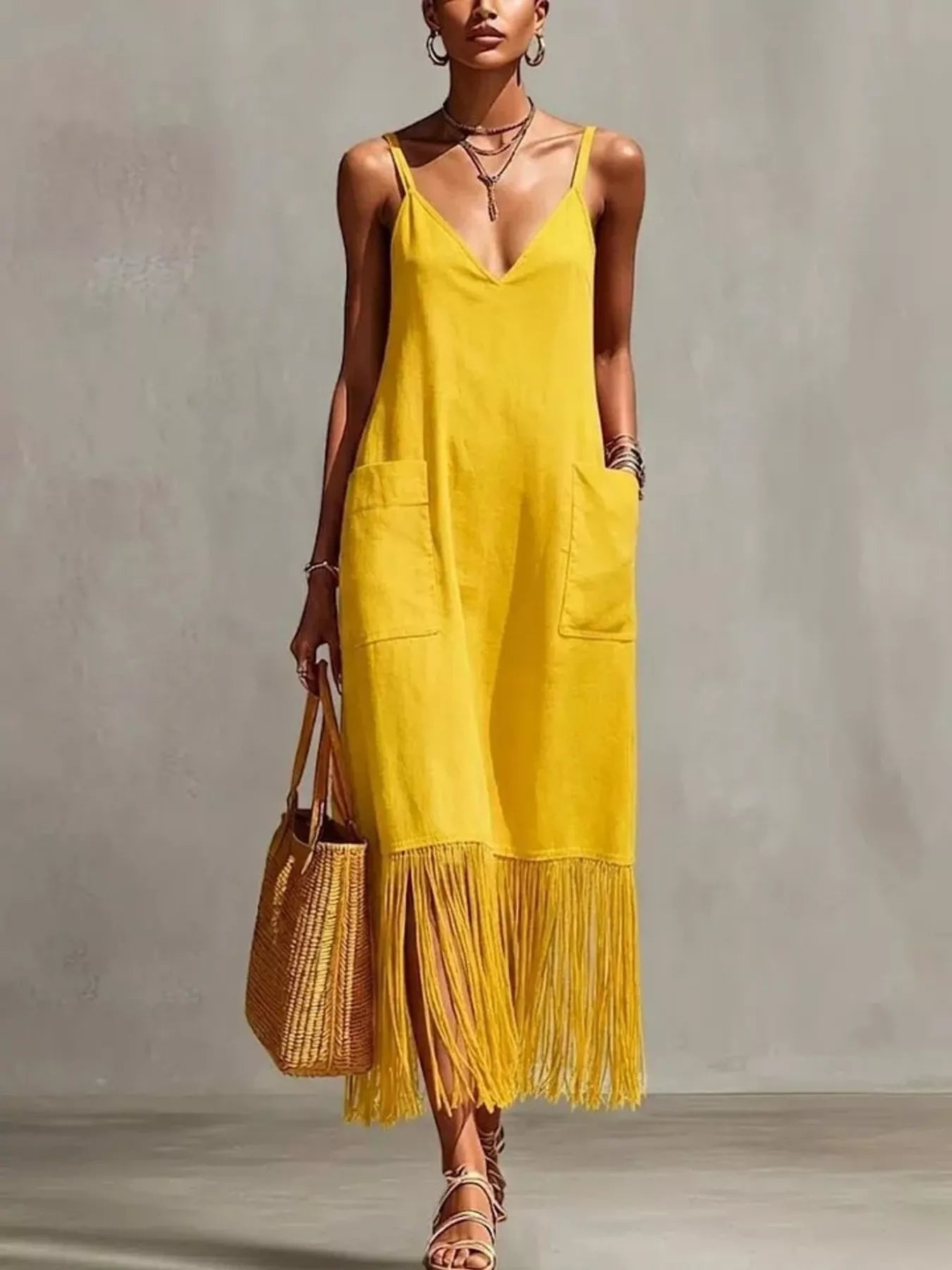 Full Size Fringe V-Neck Spaghetti Strap Dress Plus Size