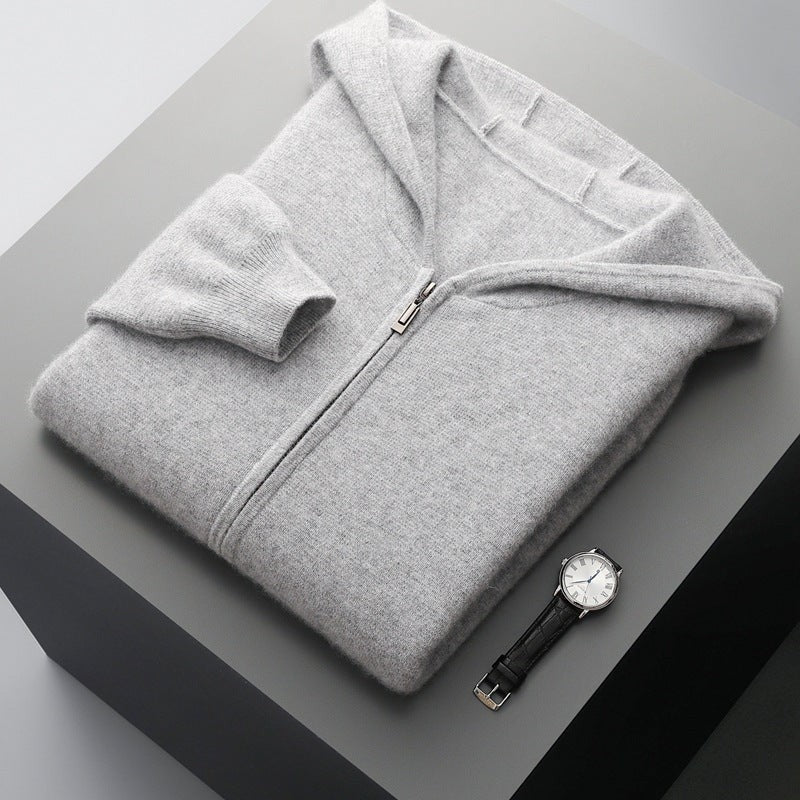 Fall Winter New Cashmere Zip-Up Hooded Sweater Set for Men, Thick Loose Knit Cardigan Jacket