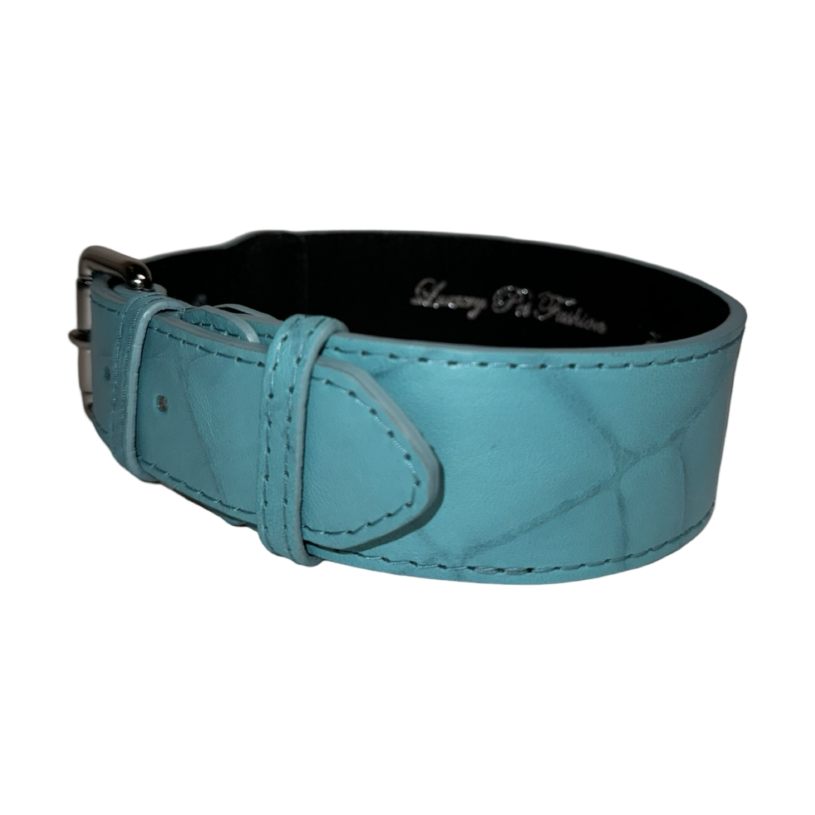 The Tiffany Collection. Gorgeous Turquoise Blue Embossed Croc Italian Leather Collar, With Our Classic Silver Hardware