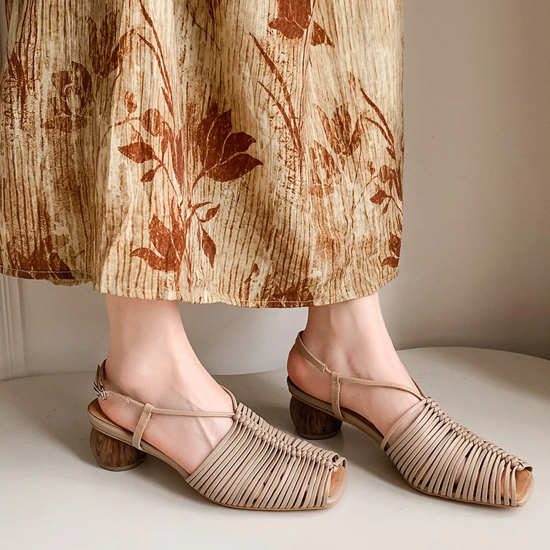 Women Sandals Sweet High Heels Fashion Genuine Leather Ankle Strap Narrow Band Office Party Shoes Woman New Women Sandals