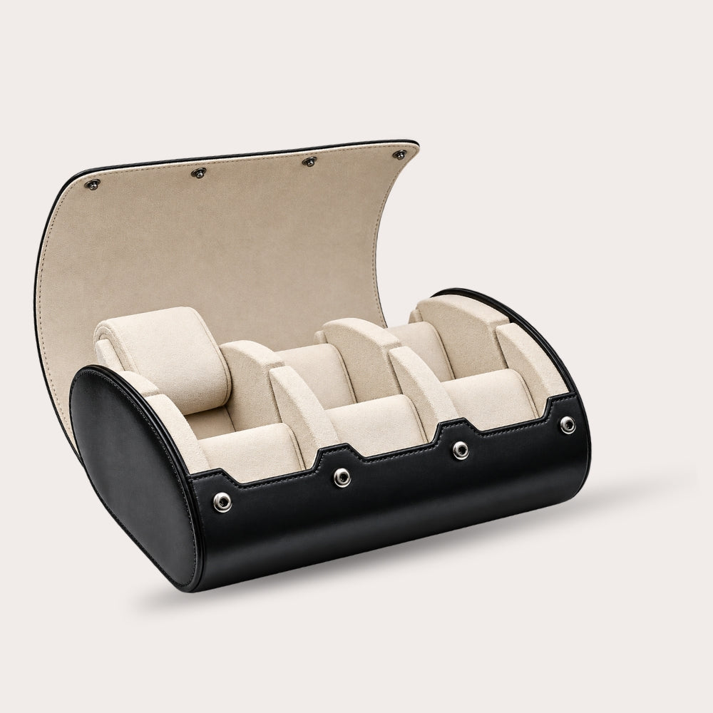 6 Watch Travel Case Vegan Leather Watch Roll (Jade Black - White Interior)