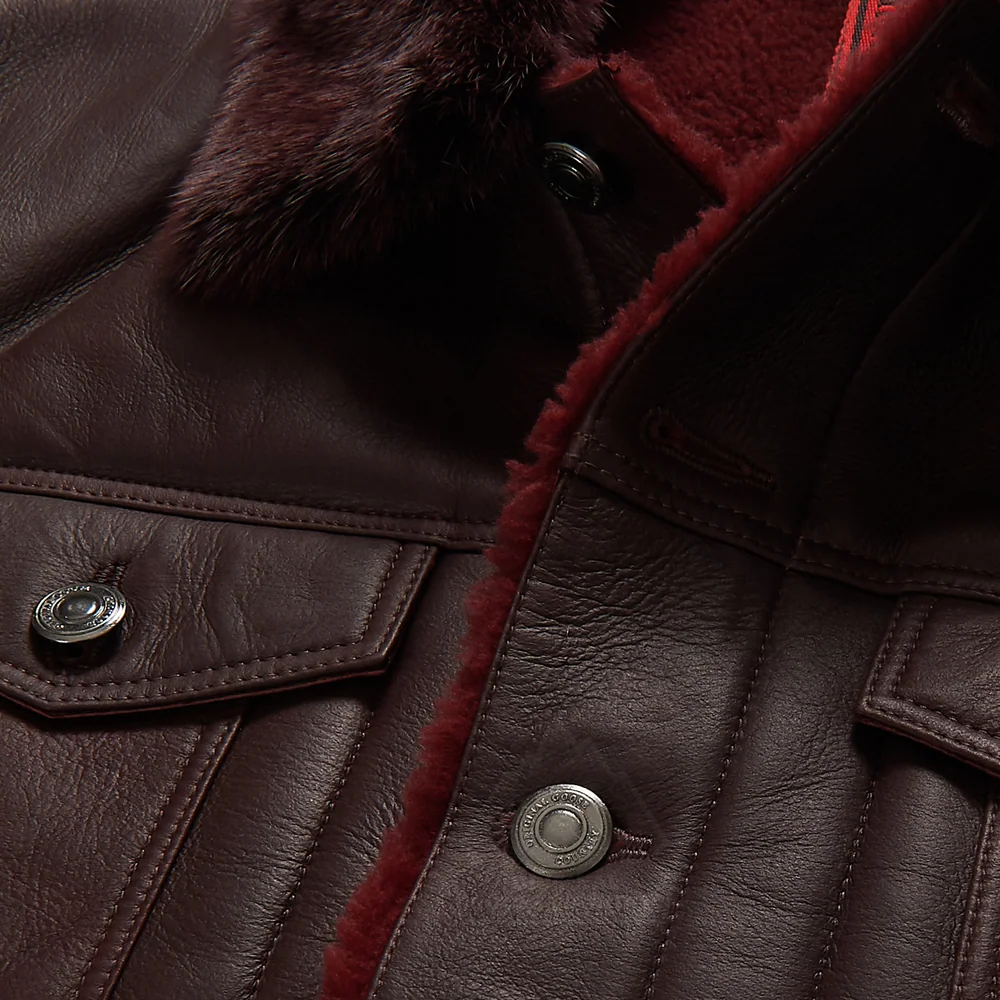 Men's Brown Shearling Real Sheepskin Leather Bomber Flying Trucker Leather Jacket
