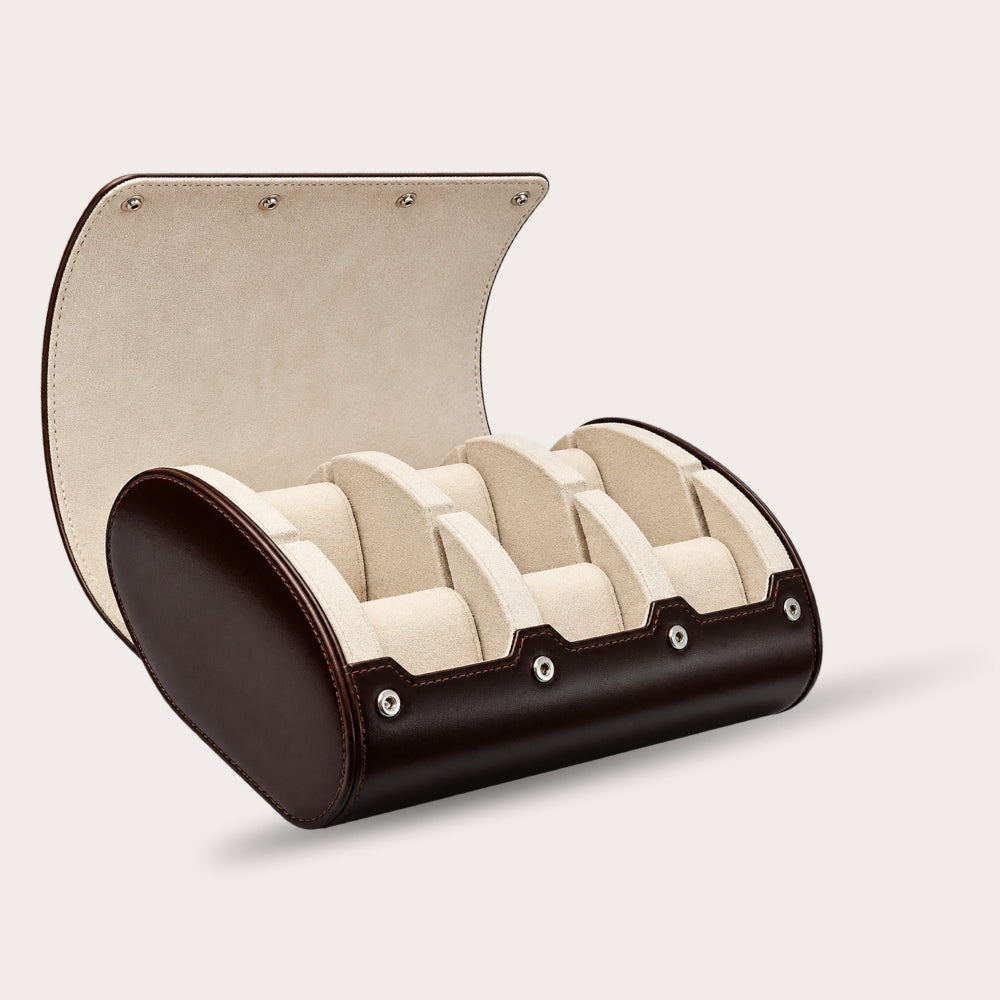 6 Watch Travel Case Vegan Leather Watch Roll (Espresso Brown - White Interior)