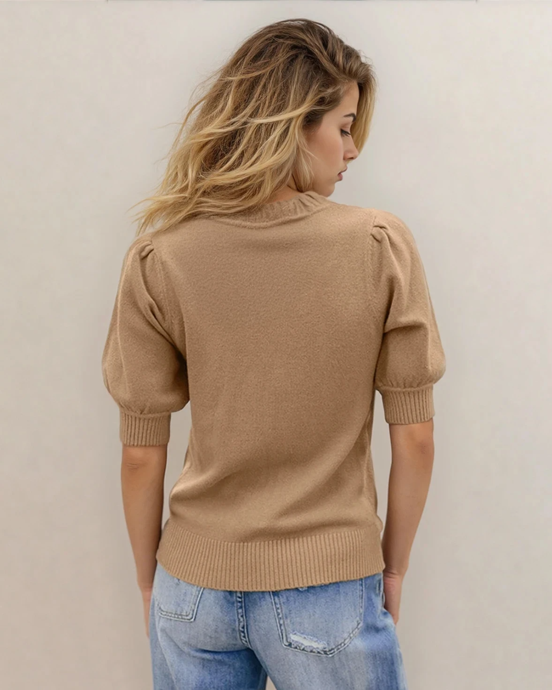 Chloe Solid Color Knit Short Puff Sleeve Sweater