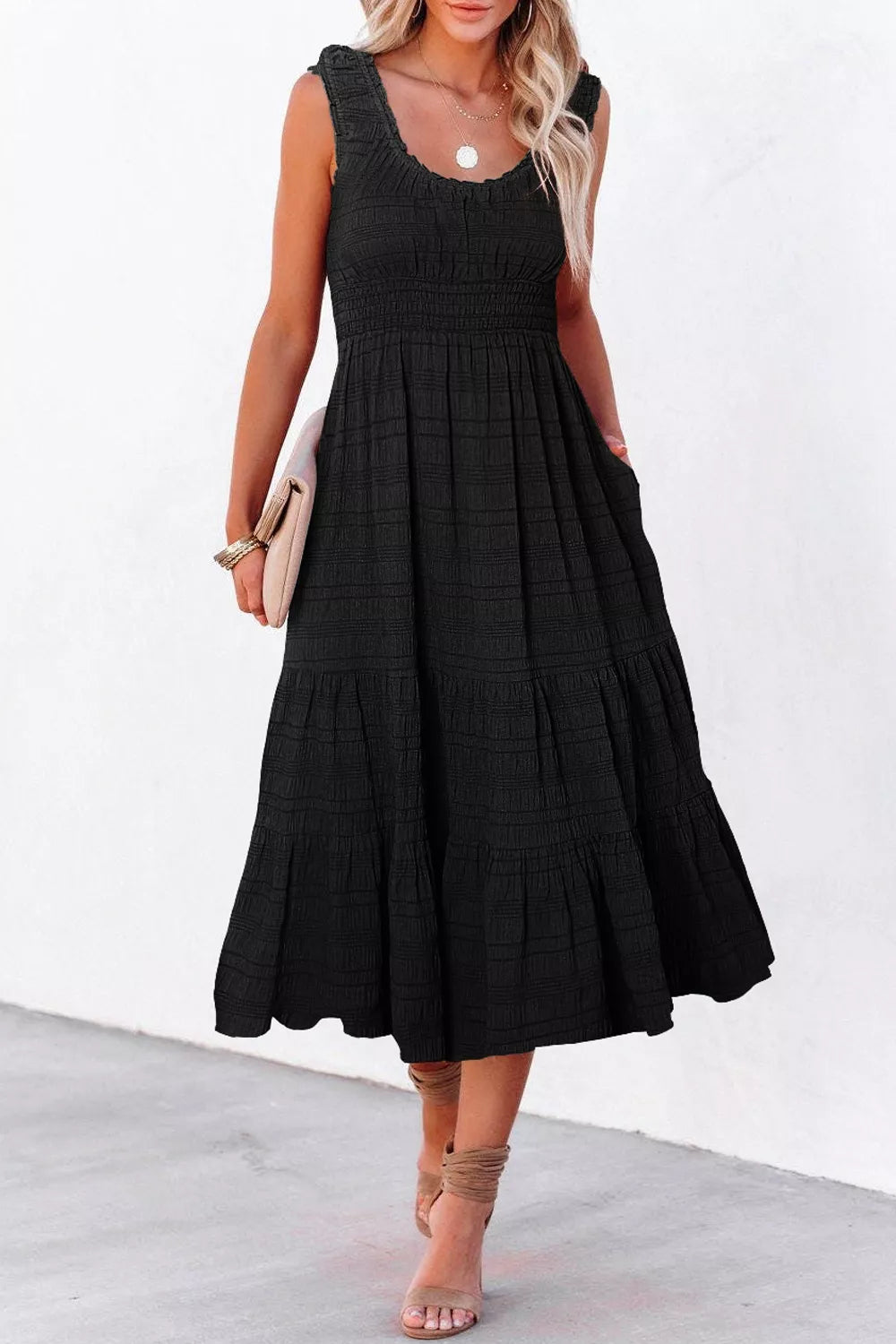 Sleeveless Smocked Tiered Dress with Pockets