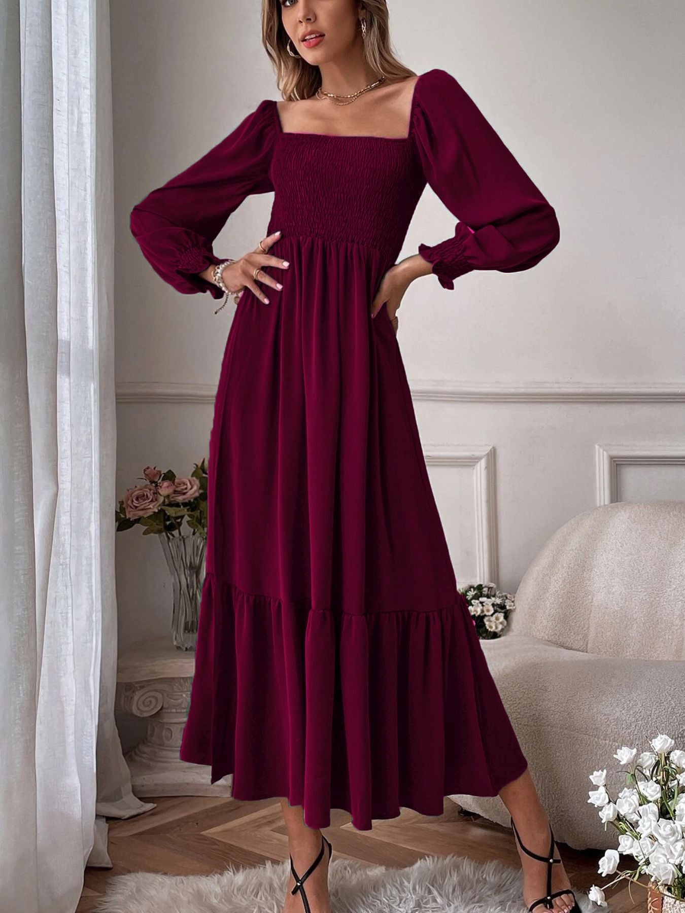 Smocked Long Sleeve Midi Dress