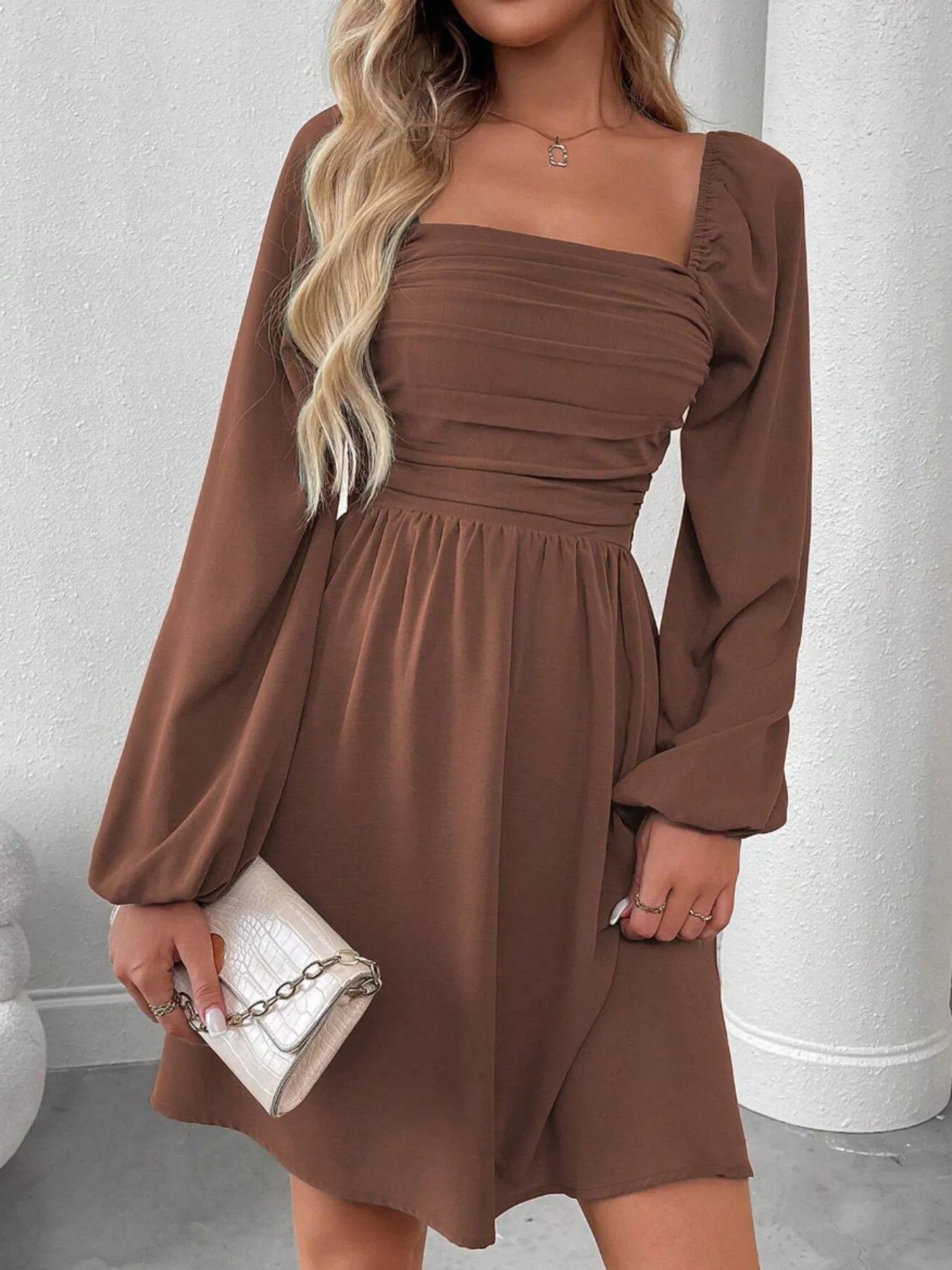 Ruched Square Neck Long Sleeve A-Line Dress