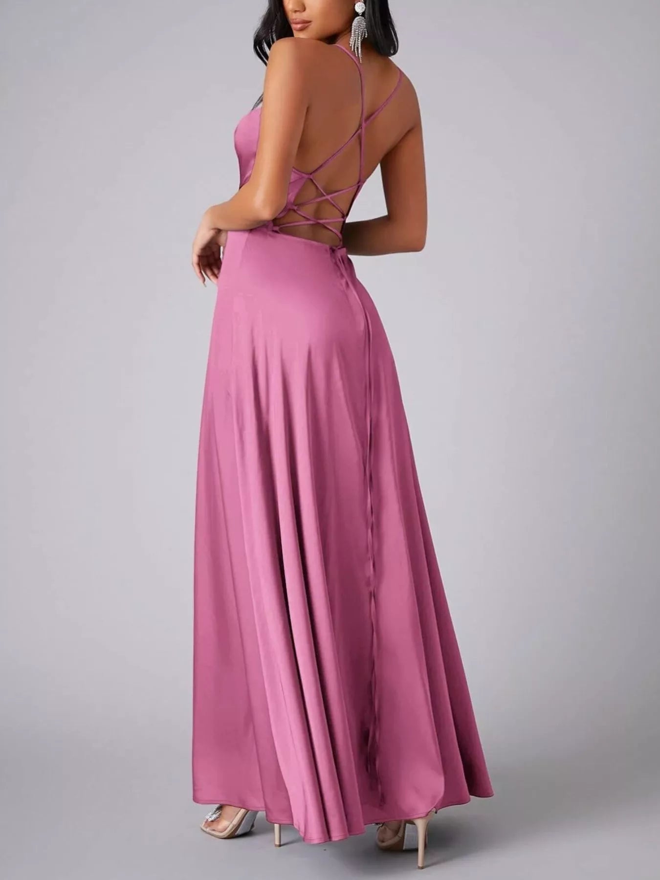 Lace Up Back Split Maxi Dress