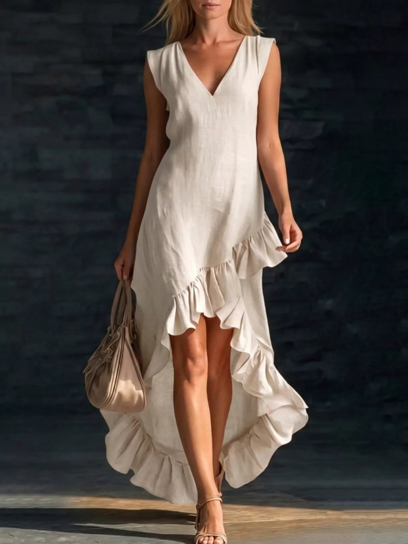 Full Size V-Neck Ruffle Hem High-Low Dress Plus Size