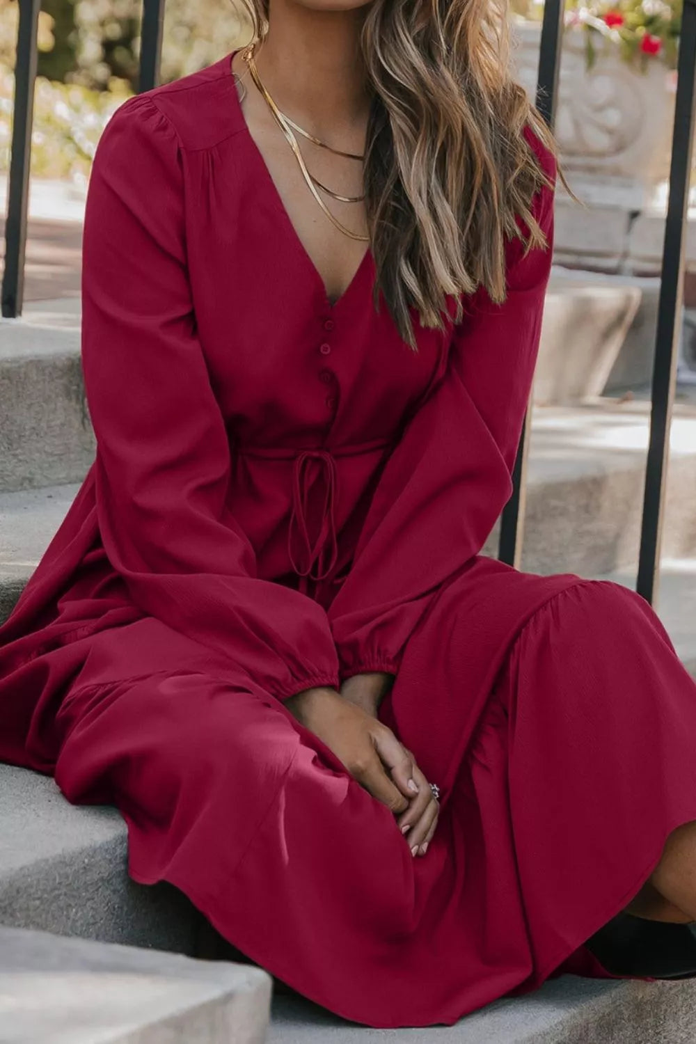 Long Sleeve Button V Neck Tiered Dress