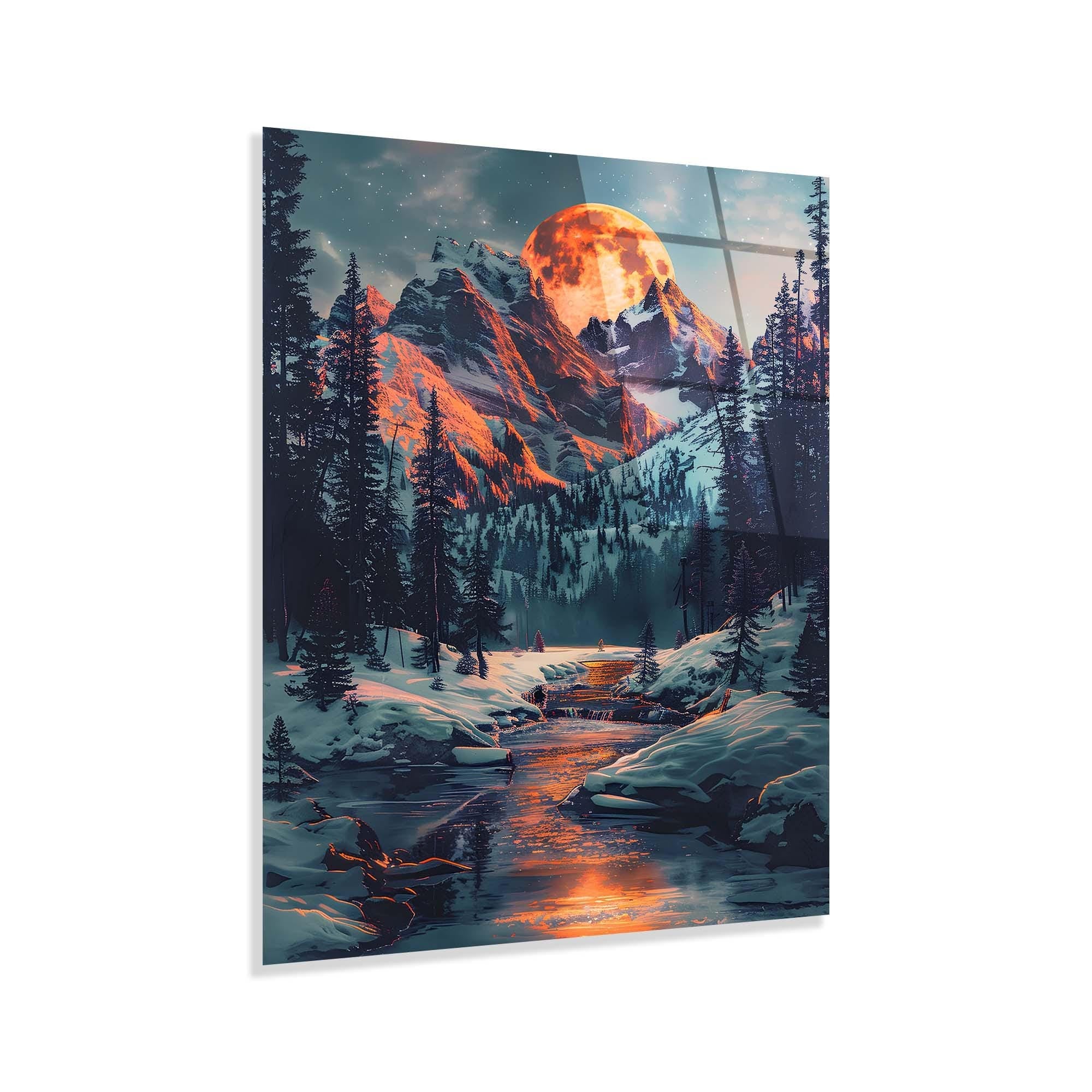 Moonlit Mountain Tempered Glass Wall Art | Winter Landscape Decor