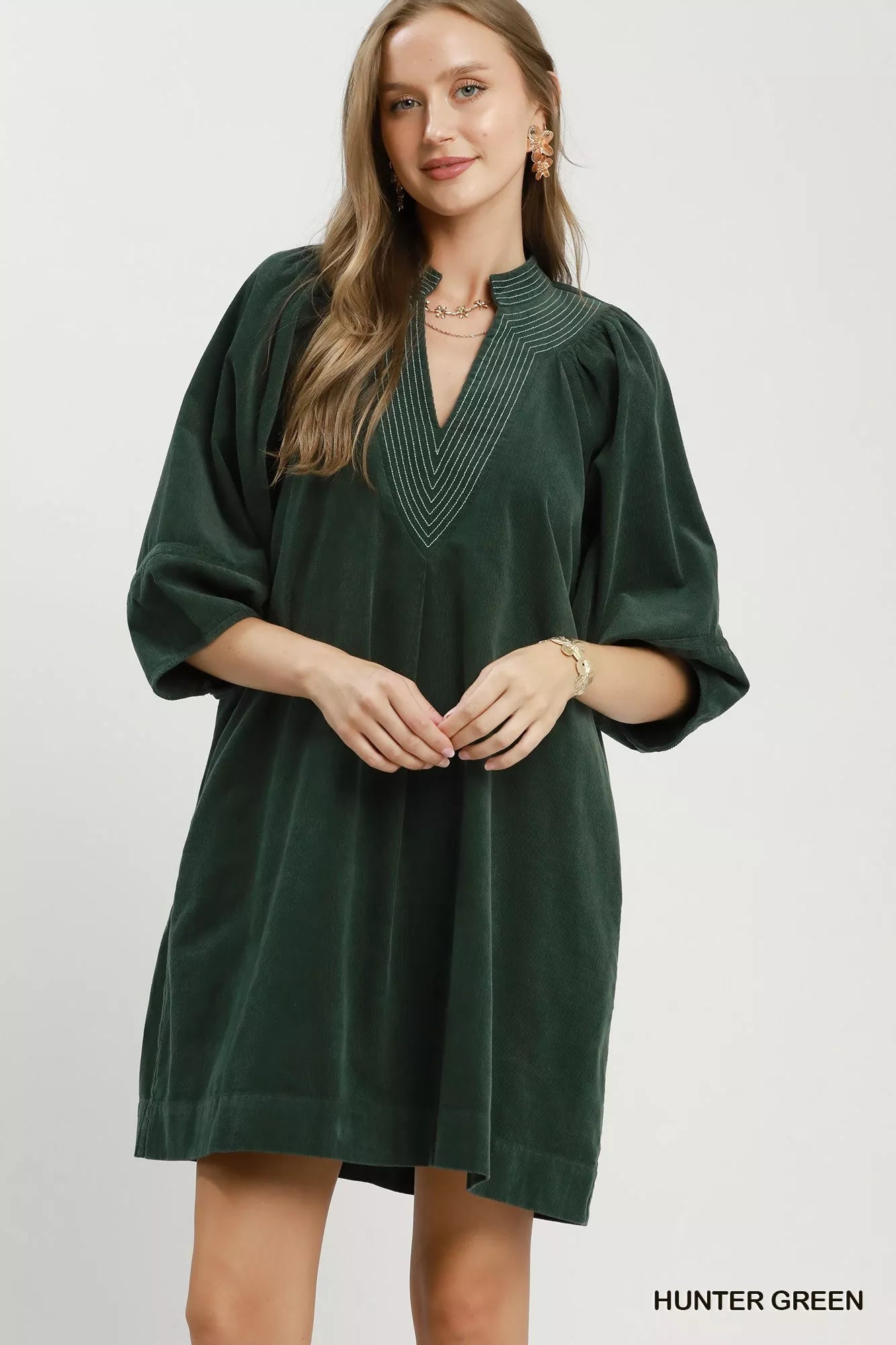Umgee Corduroy V-Neck Puff Sleeve Shift Dress with Pockets