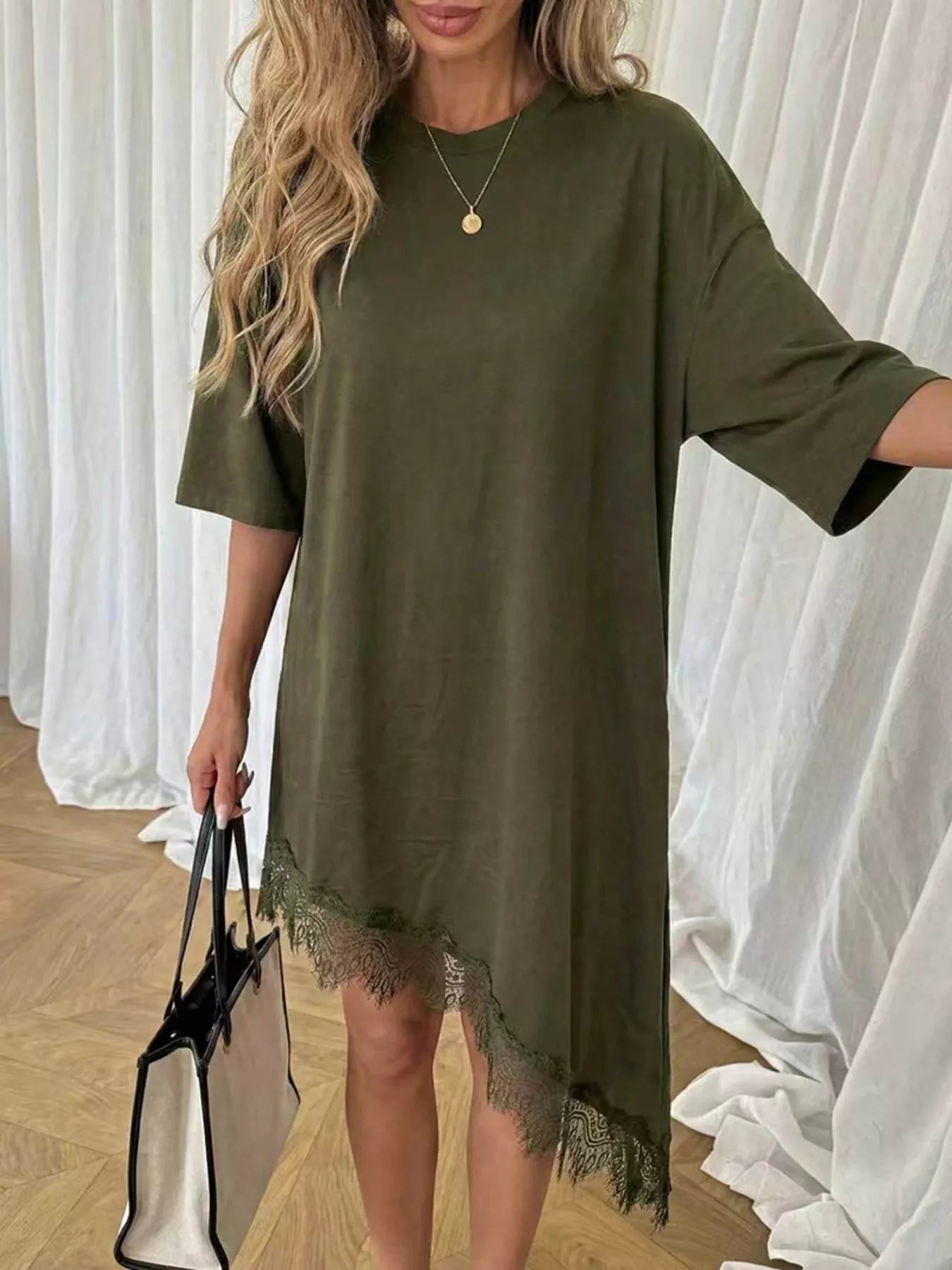 Lace Trim Asymmetrical Hem T-shirt Dress