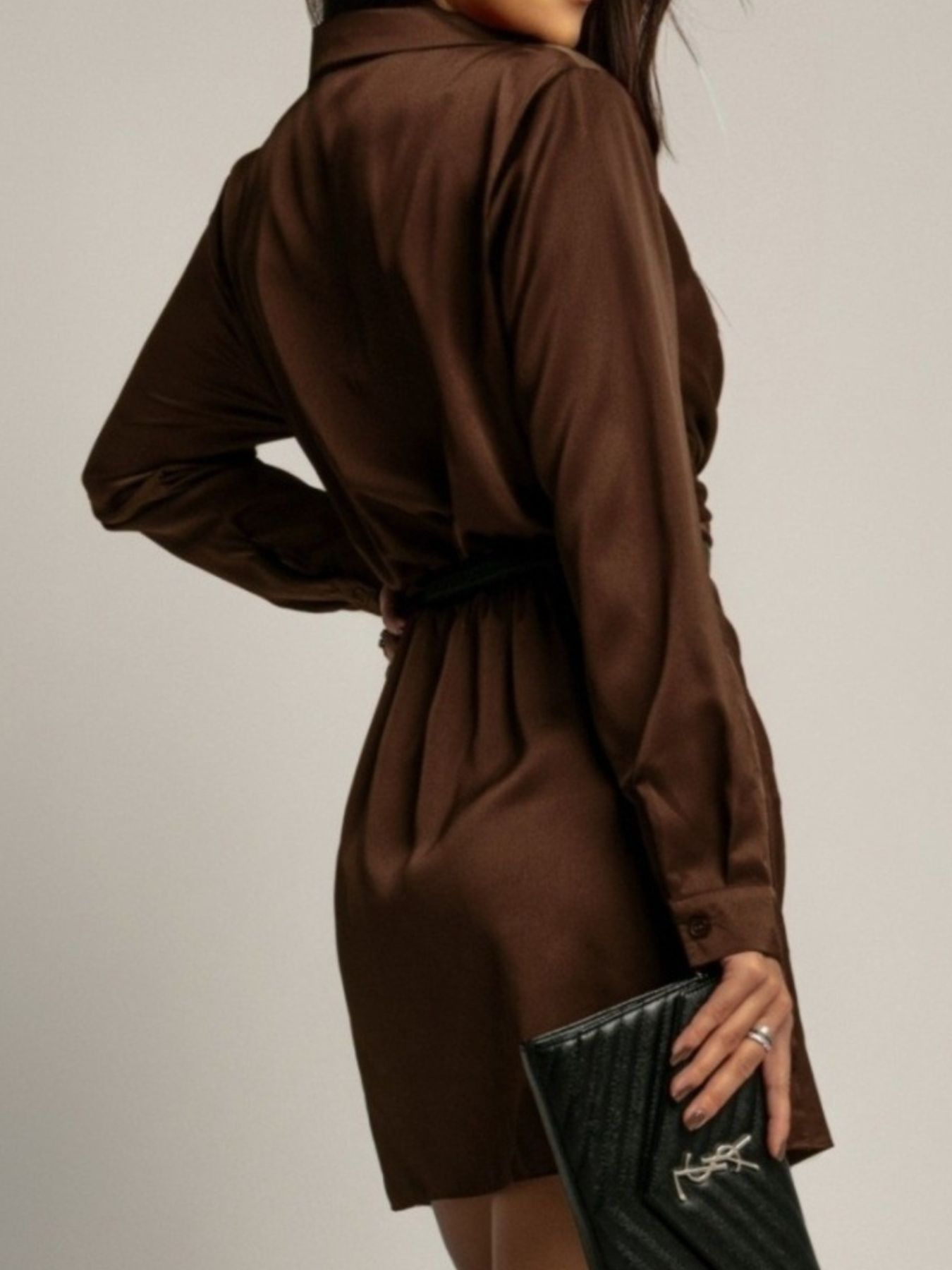 Collared Neck Long Sleeve Satin Dress