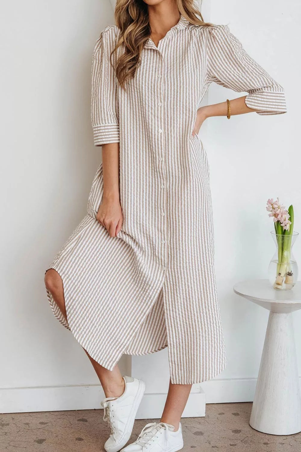 Stripe Frilled Collar Half Sleeve Shirt Dress