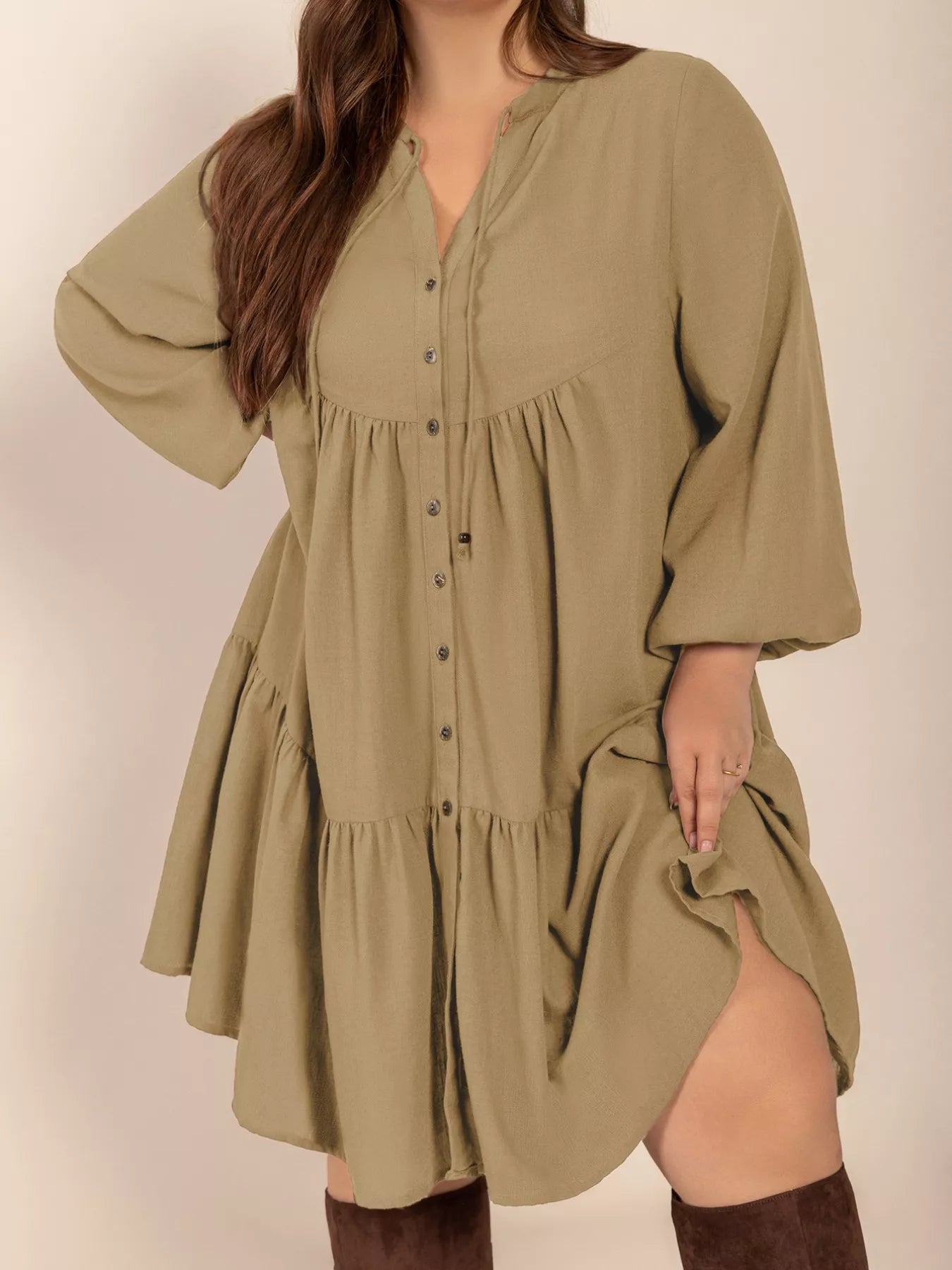 Plus Size Tie Neck Balloon Sleeve Dress