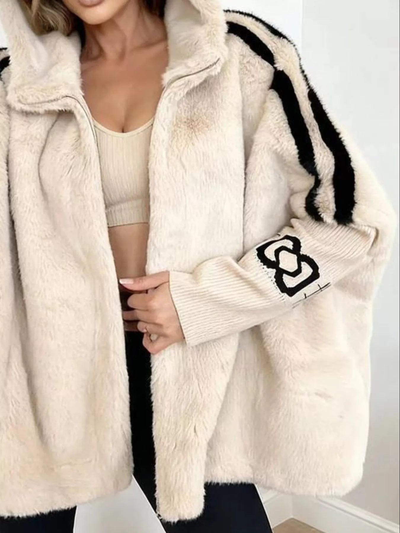 Hooded Faux Fur Striped Trim Outerwear