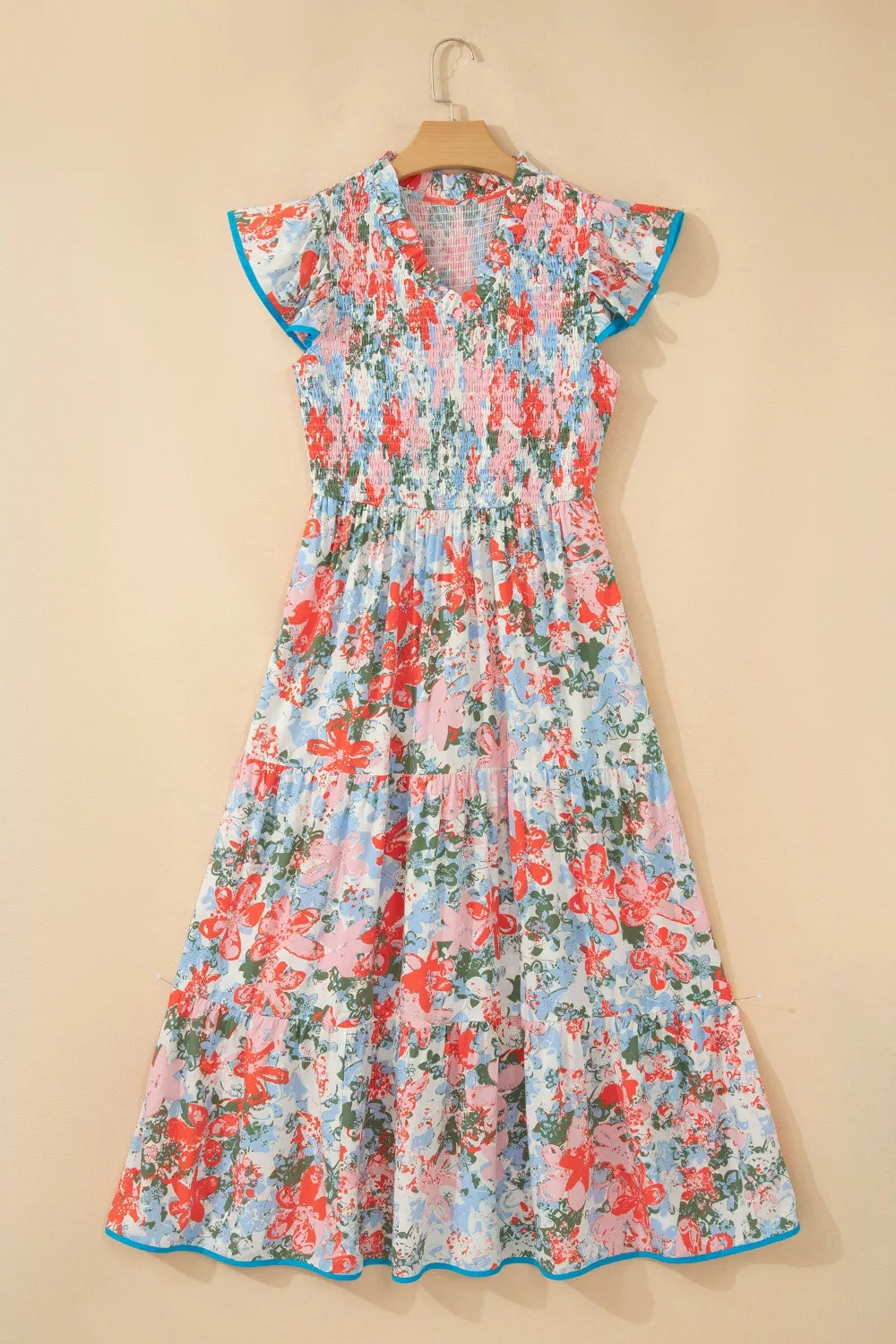 Floral Print V Neck Contrast Trim Flutter Sleeve Long Dress