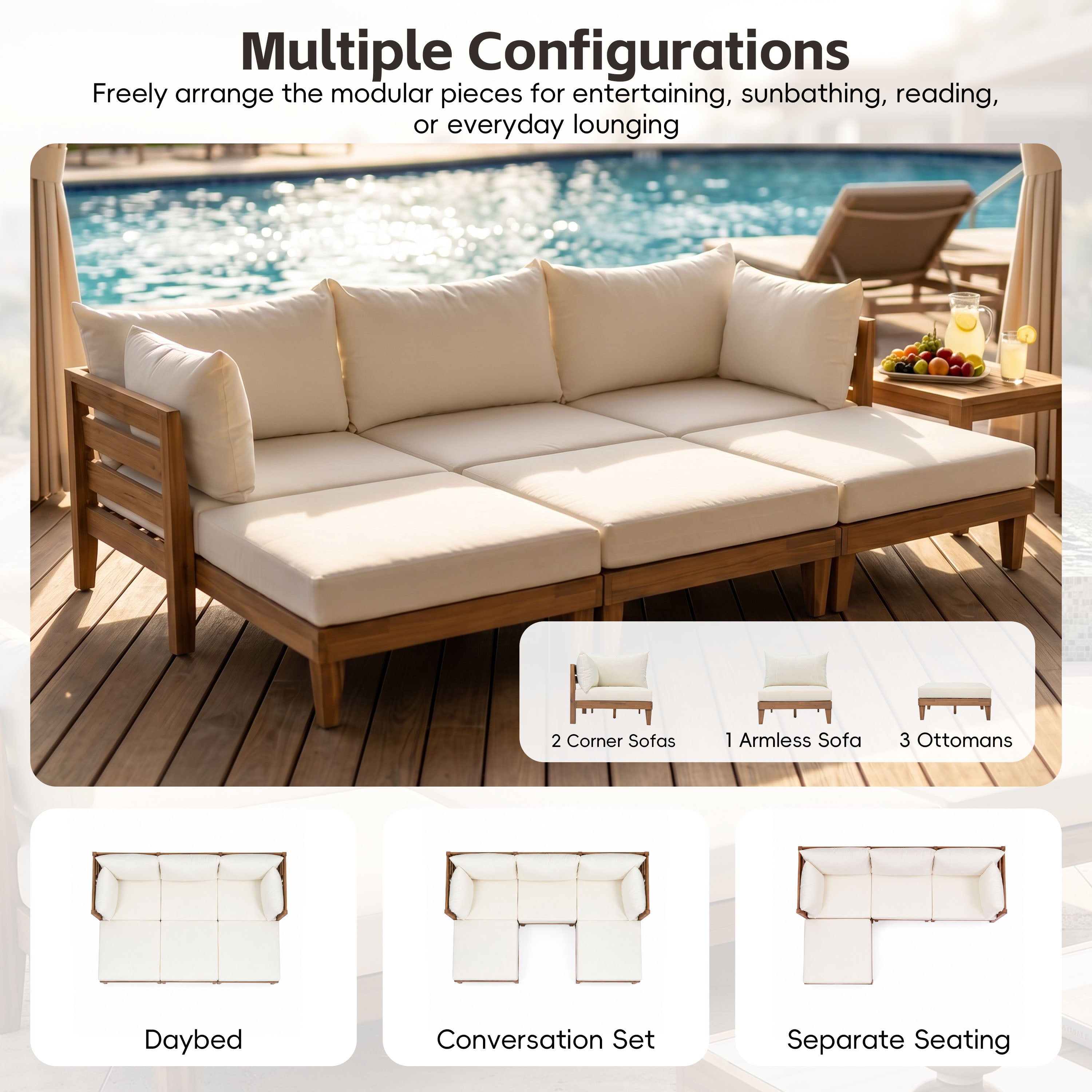 TOPMAX Outdoor Large 96.3" W Daybed Acacia Wood 6-Piece Patio Sofa Set