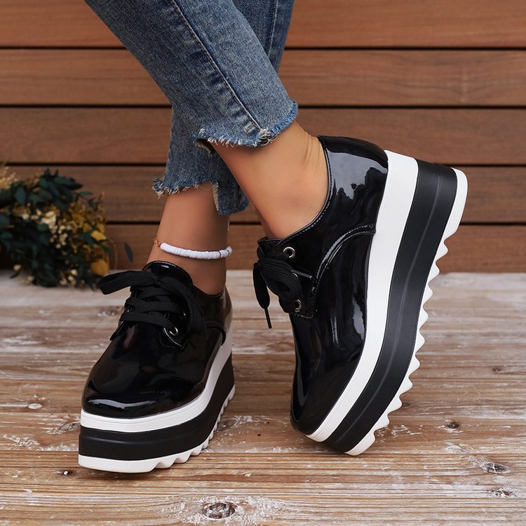 Womens Lace-up Square-toe Patent Leather Platform Wedge Heels