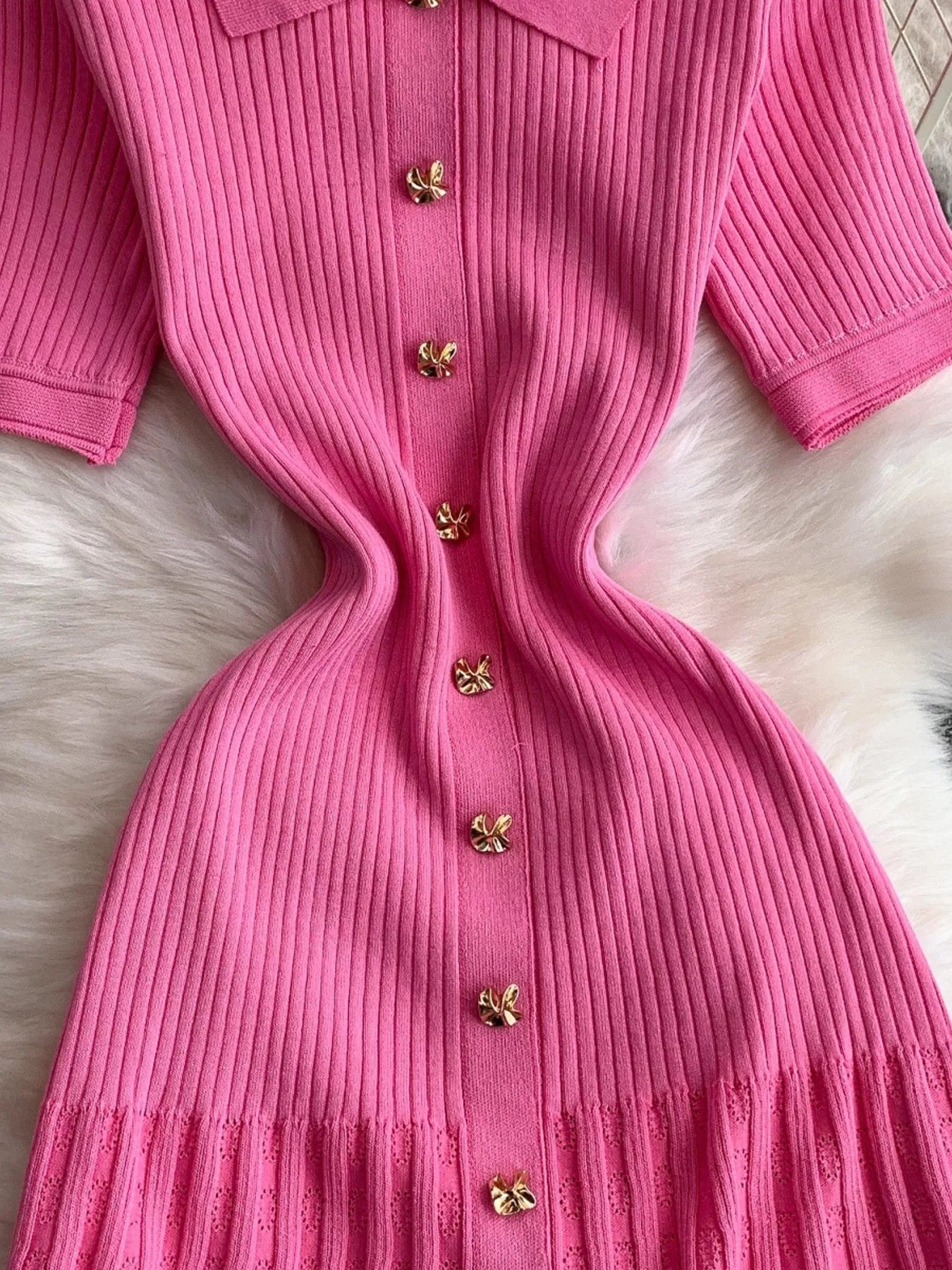 Button Front Ribbed Knit Midi Dress