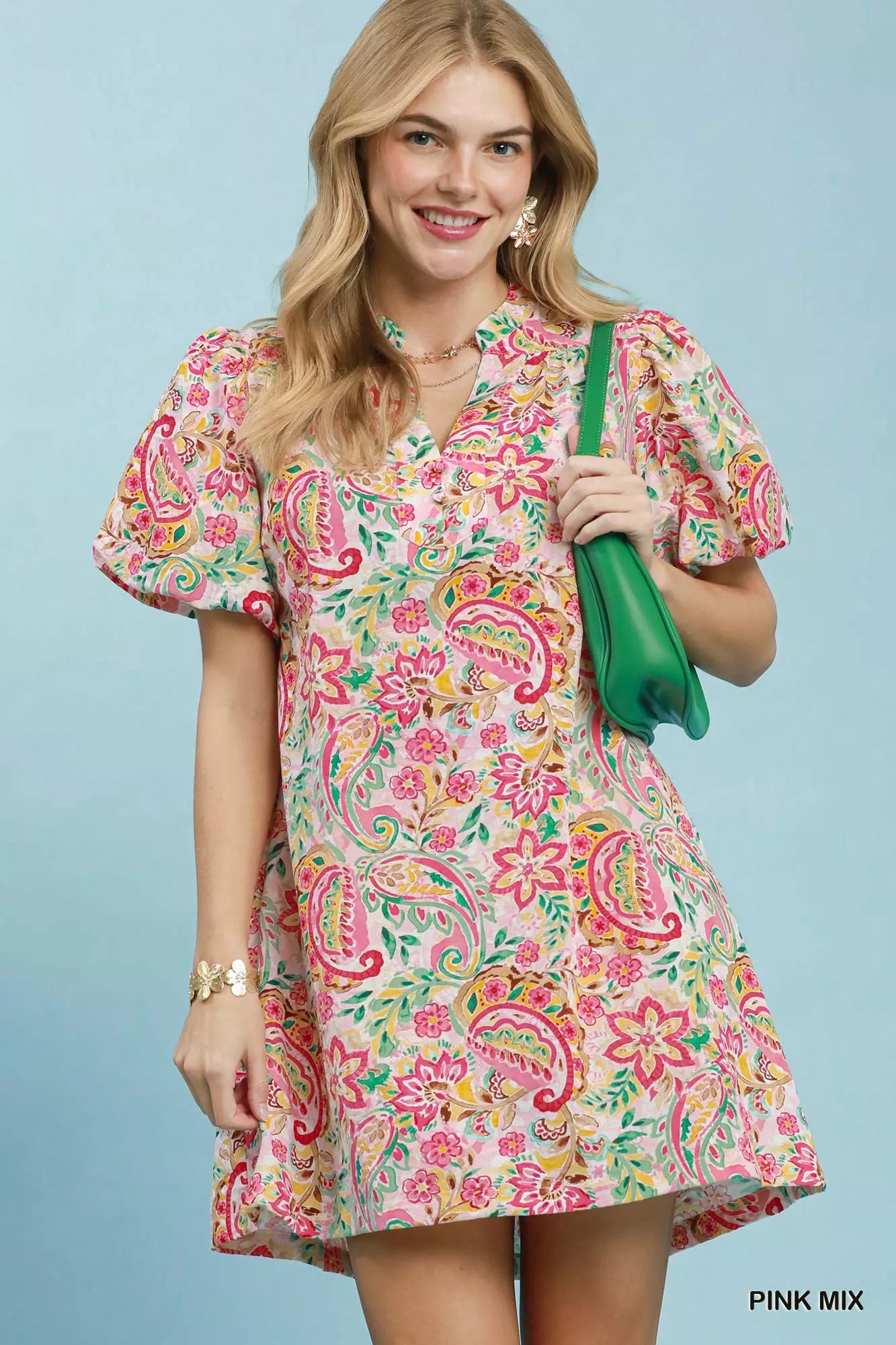 Umgee Paisley Floral Puff Sleeve Shift Dress