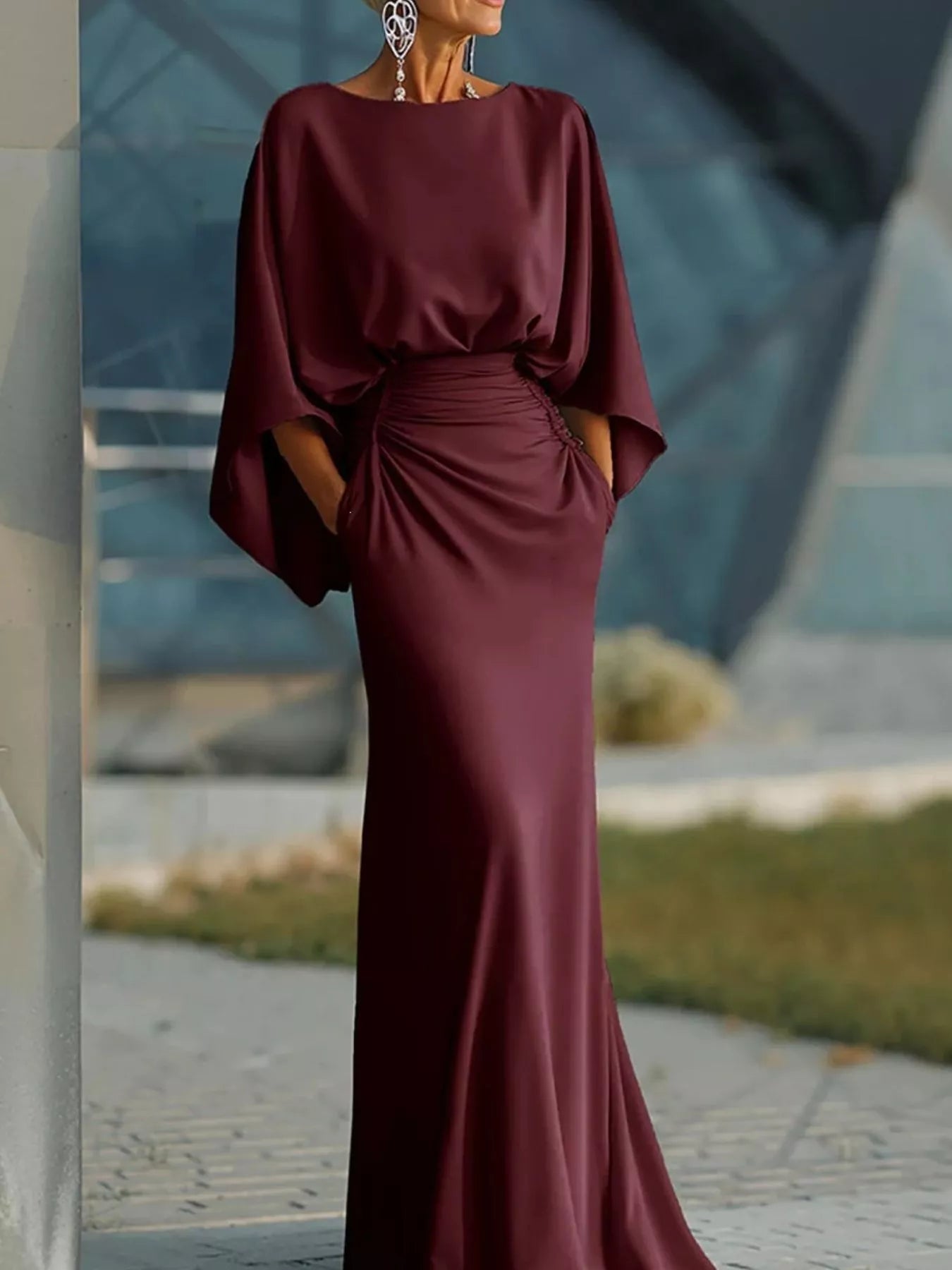 Batwing Sleeve Ruched Maxi Dress