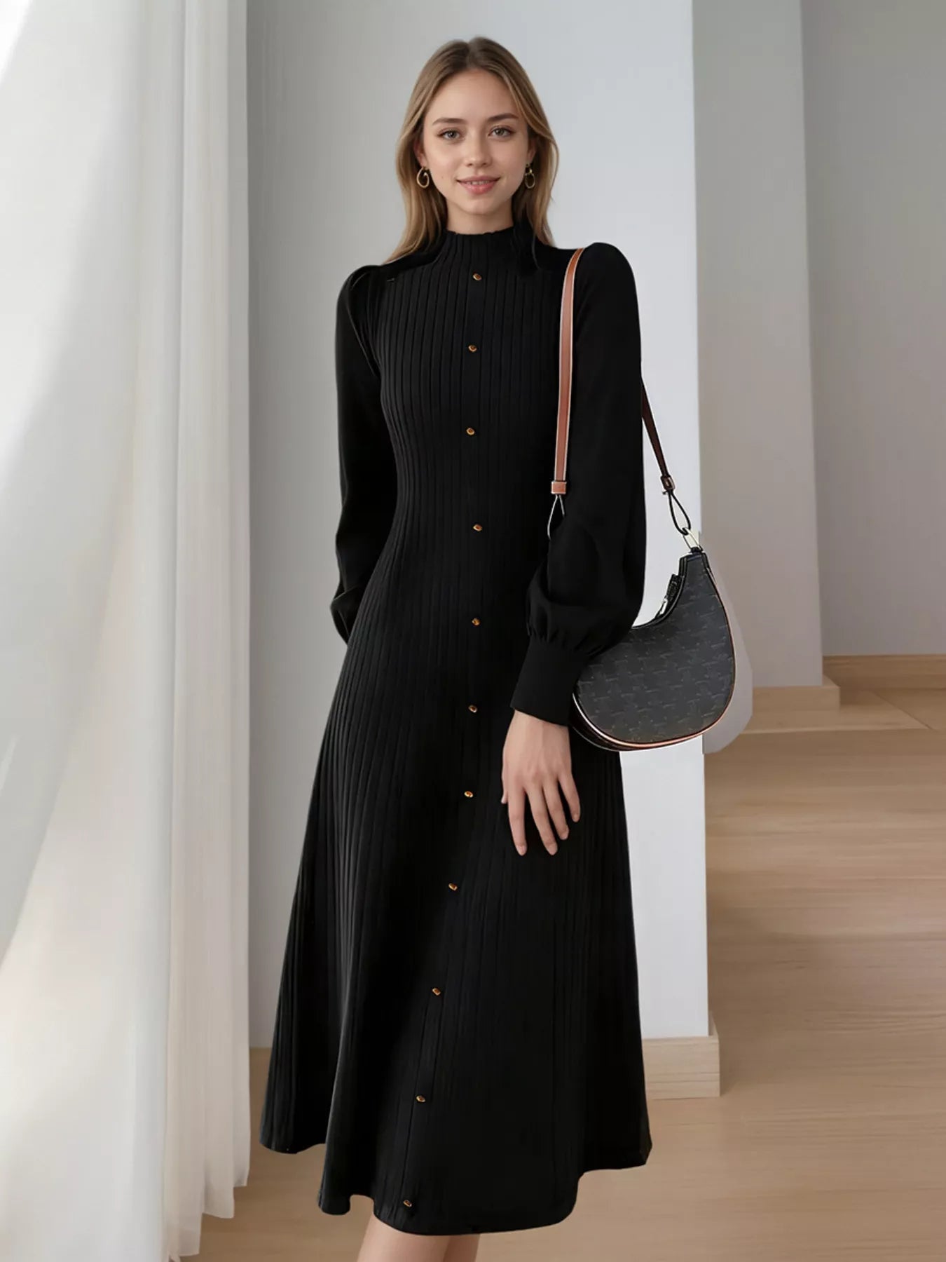 Ribbed Knit Mock Neck Midi Dress